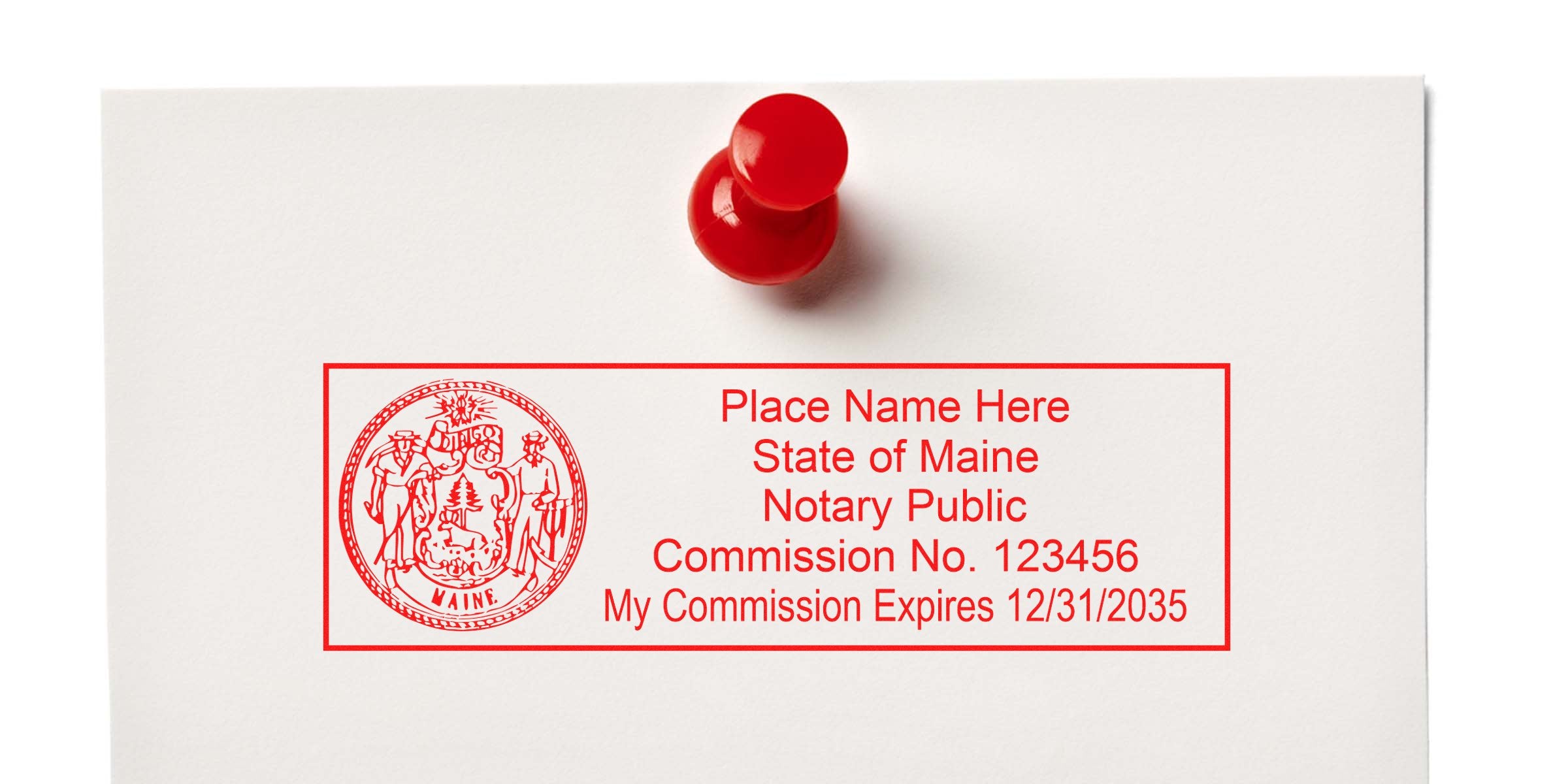 Maine notary public stamp on white paper with commission number, expiration date, ME Notary Supplies, and Notary Tools Maine.