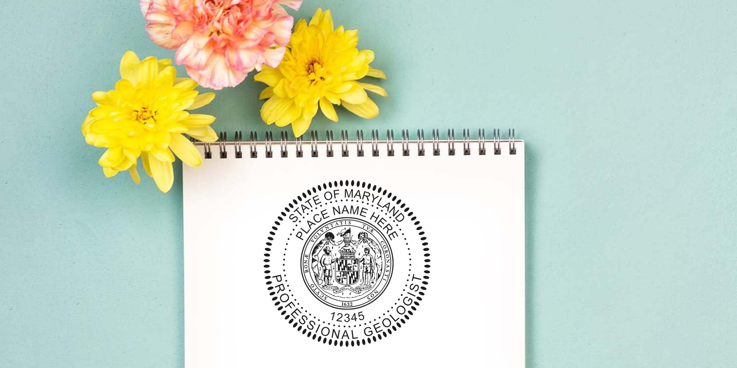 Maryland geologist notebook stamp with flowers, featuring the Maryland professional geologist seal—perfect for selecting a Maryland geologist stamp.