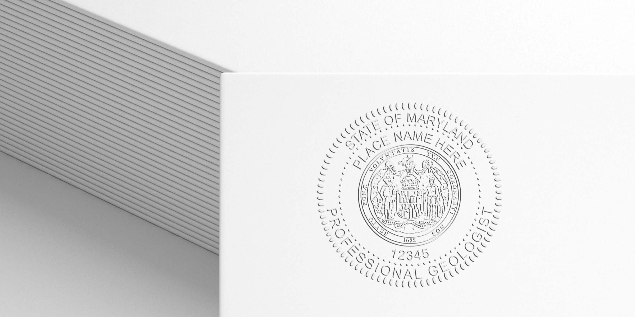 Maryland Geologist Stamp embossed on white paper with modern architecture backdrop, adhering to Geologist Stamp Guidelines.