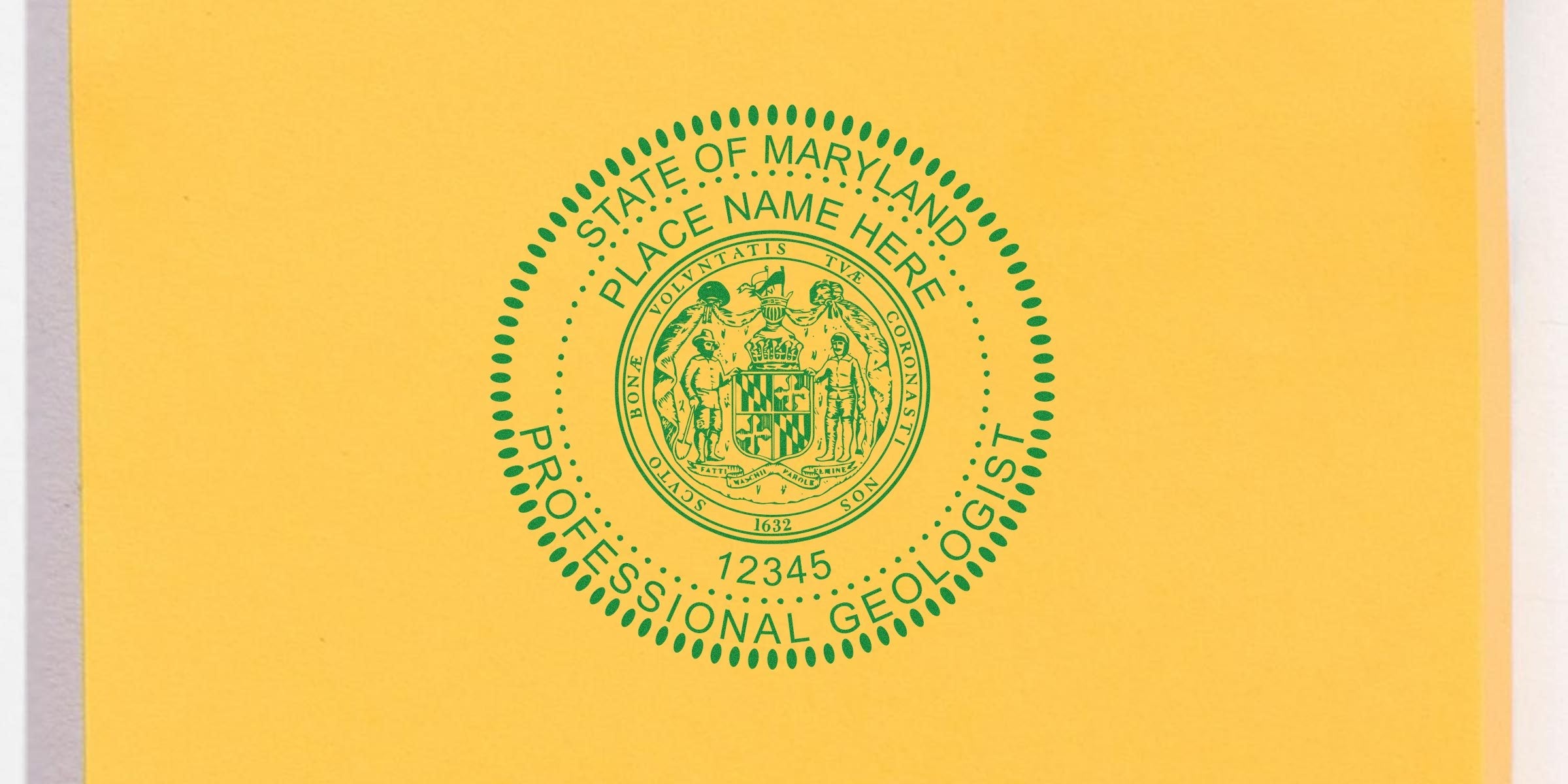 Maryland geologist stamp with professional seal on yellow background, displaying license number and name space, ideal for geologist stamp application.
