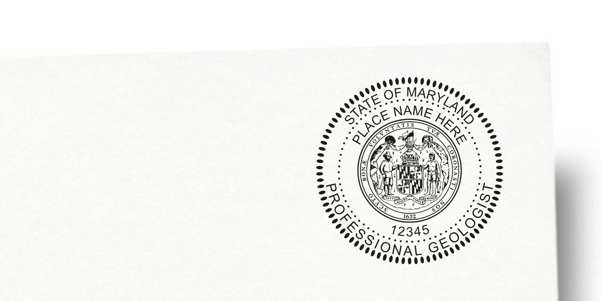 Maryland Geologist Stamp on white paper with state emblem and license number, showing the Geologist Stamp Order Process.
