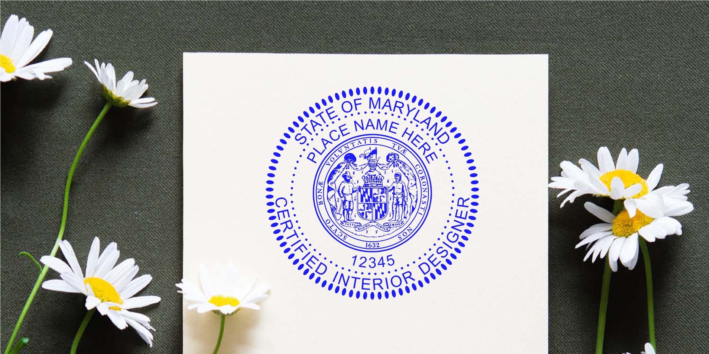 Maryland interior designer seal on white paper with daisies on dark fabric, symbolizing Maryland interior design regulations.
