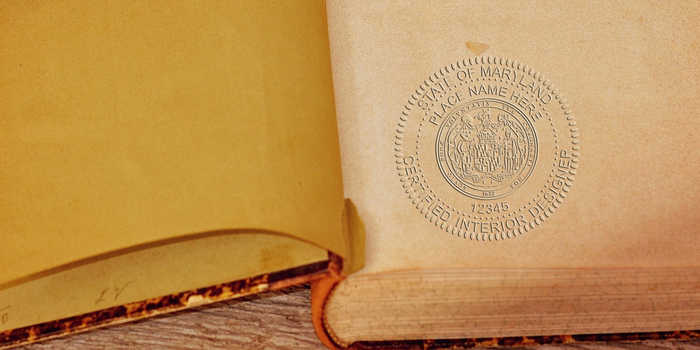 Embossed Maryland interior designer stamp on vintage book page shows state emblem, certification, and details on stamp cost and pricing for Maryland interior designers.