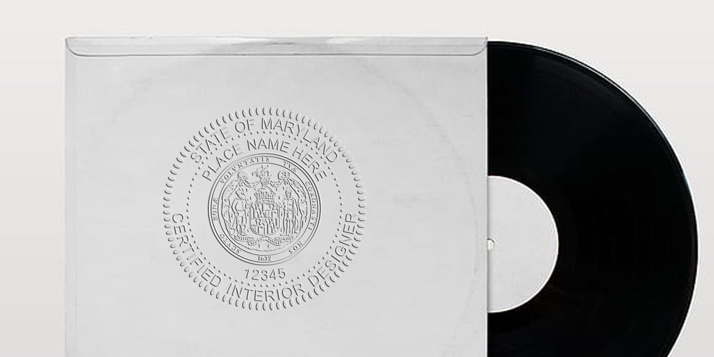 Embossed Maryland interior designer seal on vinyl record sleeve with embosser tips shown.
