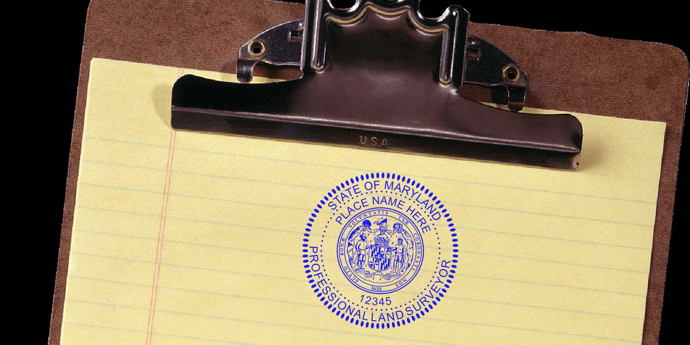 Maryland professional land surveyor seal stamped on yellow legal pad with clipboard, showing Maryland land surveyor seal laws and regulations.