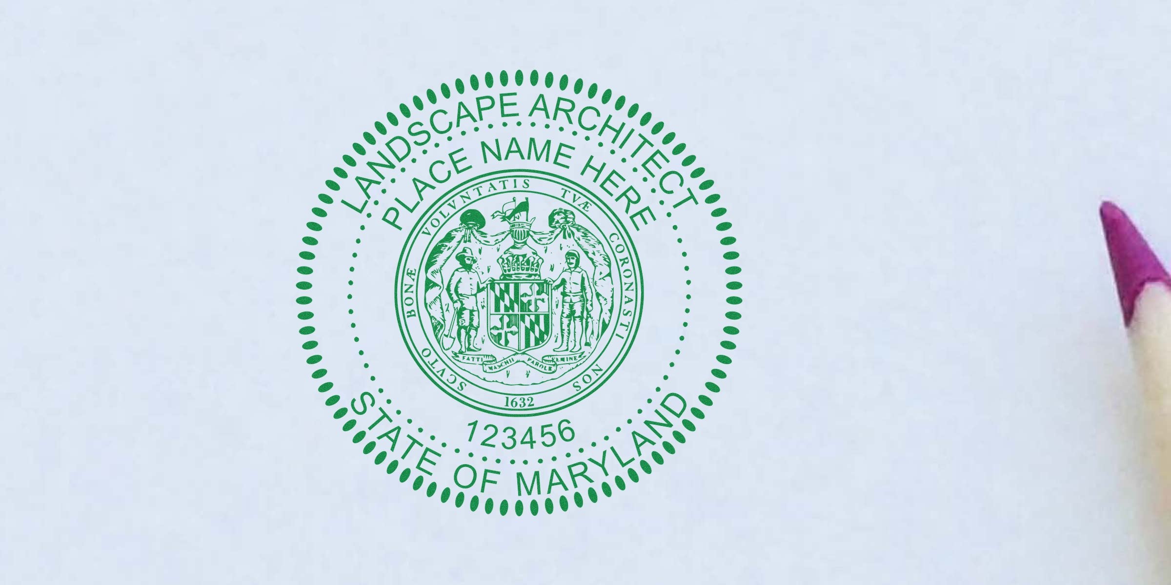 Maryland landscape architect seal with state emblem and certification number on white paper, next to a purple pencil tip, featuring Maryland landscape architect embossers.