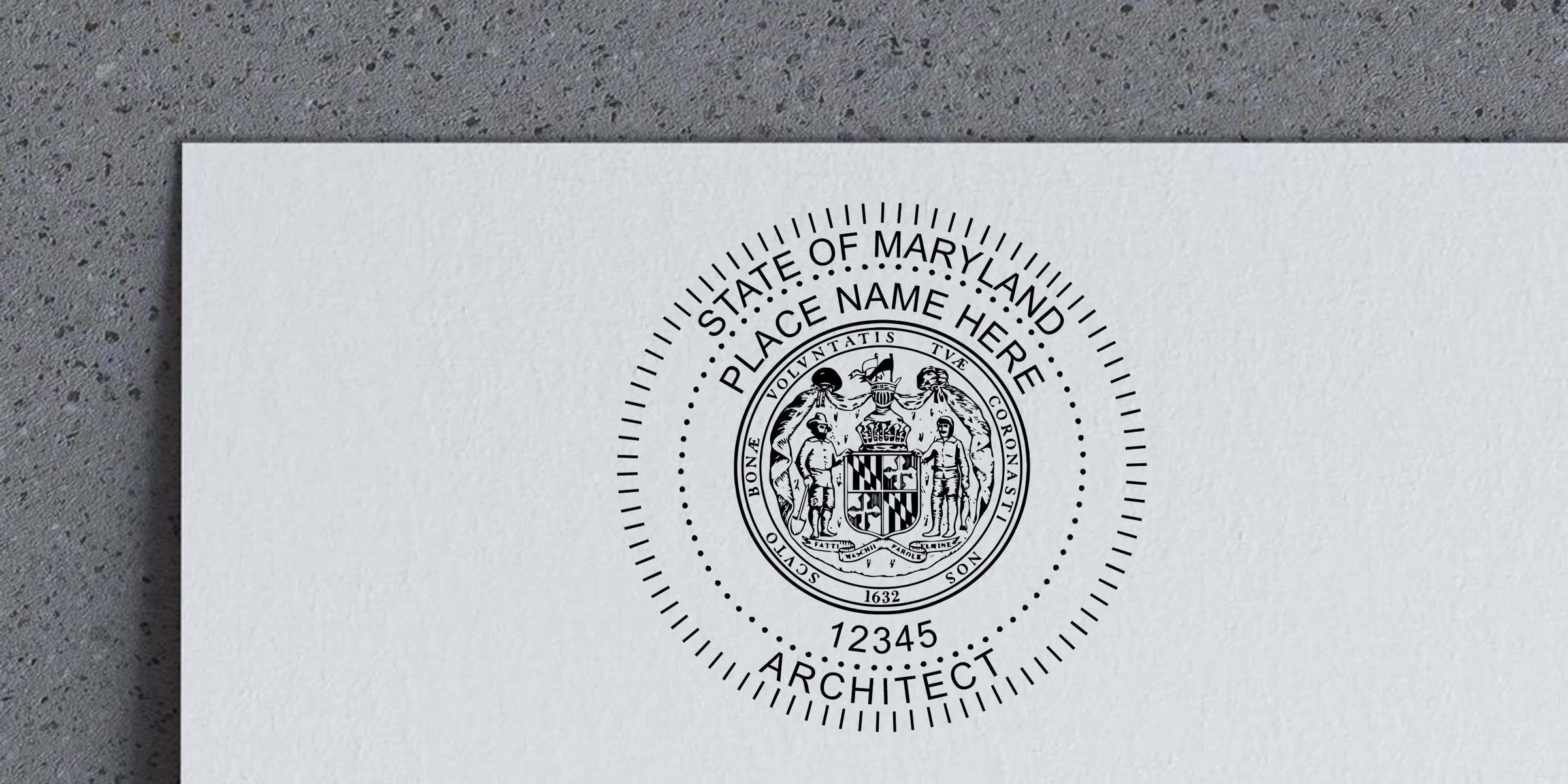 Maryland architect seal stamp on white paper featuring the State of Maryland emblem, placeholder name, and license number 12345