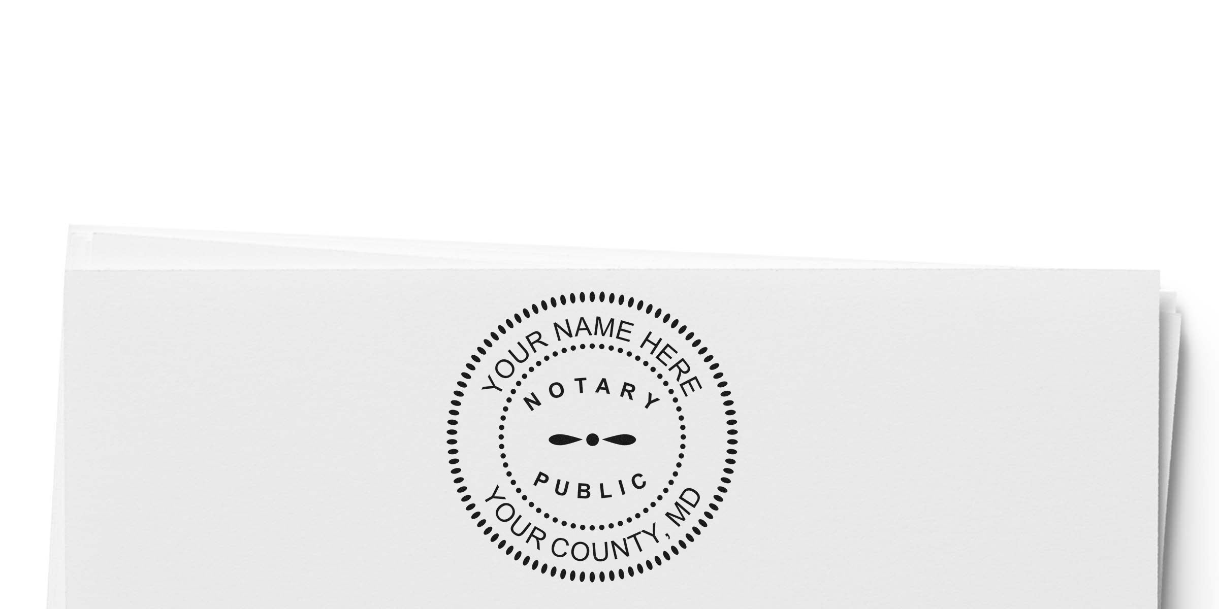 Custom Maryland notary seal stamp on white paper, made to meet Maryland notary public guidelines.