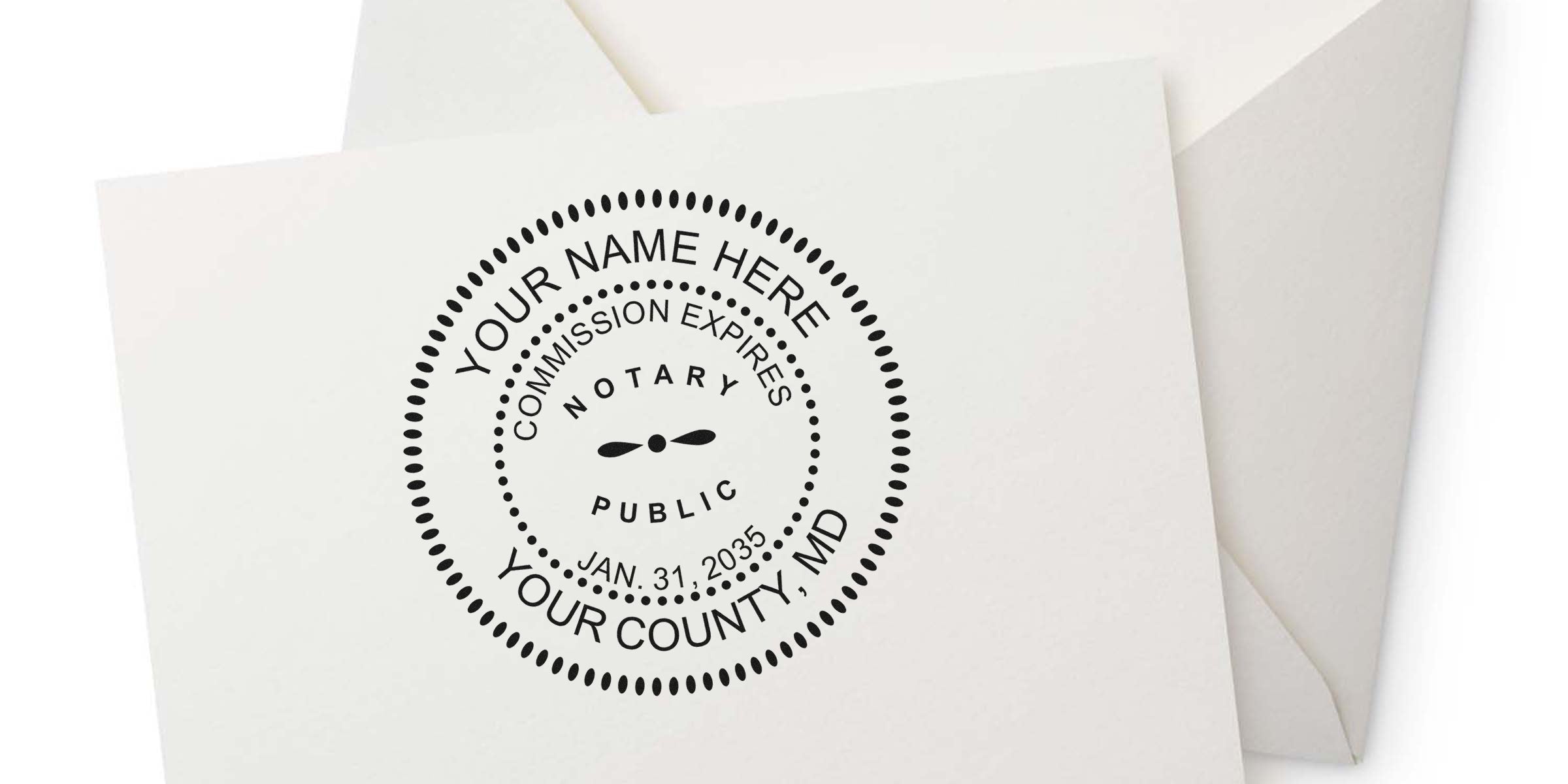 Maryland Notary Public stamp with commission expiration date on white paper and envelope, showing the process to become a Maryland Notary.