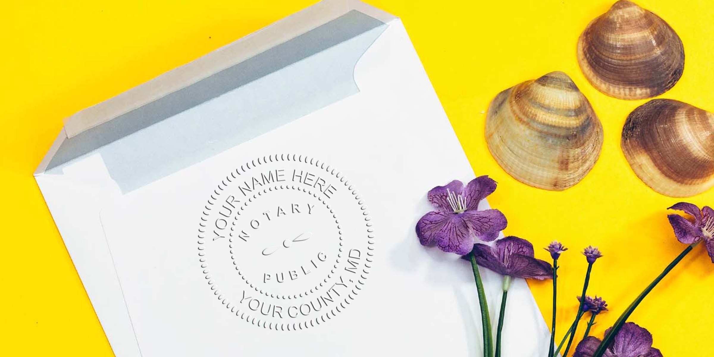White notary envelope embossed, featuring purple flowers and seashells on yellow, illustrating Maryland notary stamp rules and guidelines.