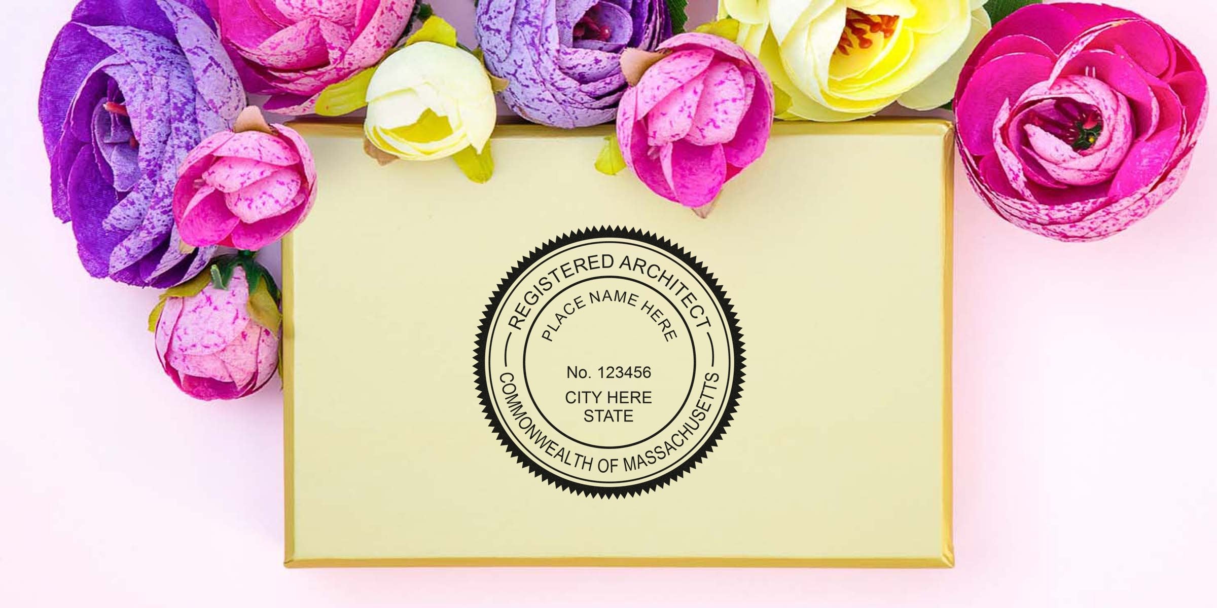 Massachusetts architect stamp on beige certificate with colorful paper flowers, displaying registered architect seal and stamp requirements.