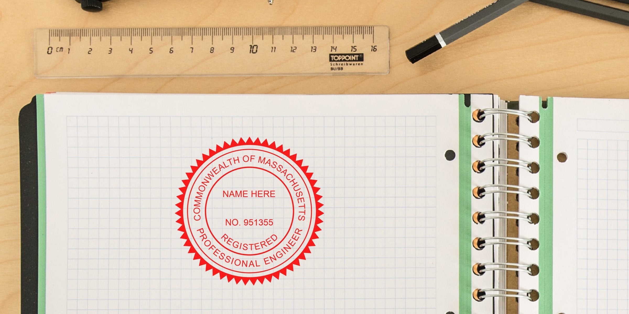 Registered Professional Engineer Seal Massachusetts on graph paper with ruler and pen on wooden desk, showing PE Seal Purchase Guide.