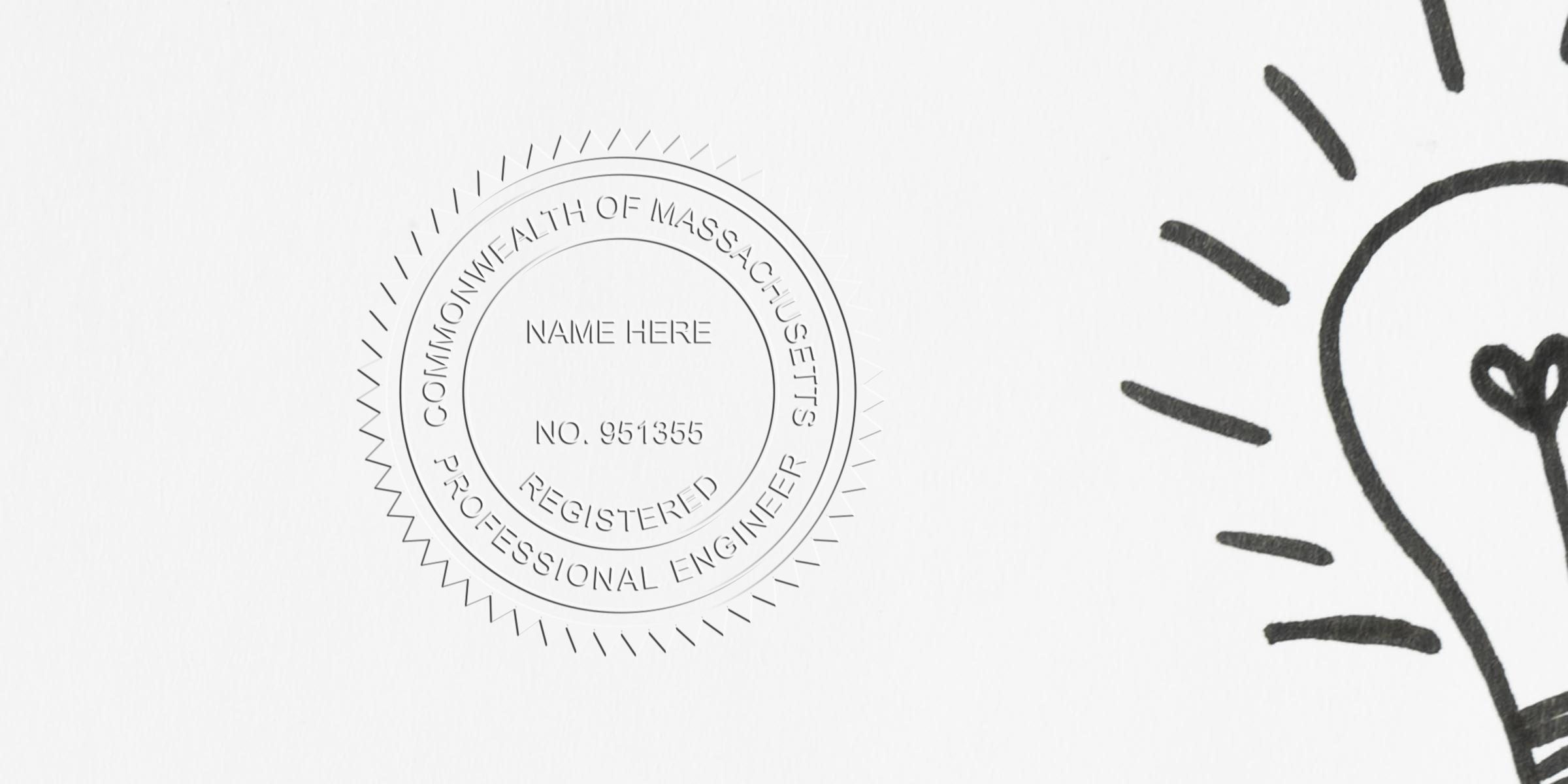 Massachusetts engineer seal with a light bulb sketch, symbolizing engineering certification and innovation in the design.