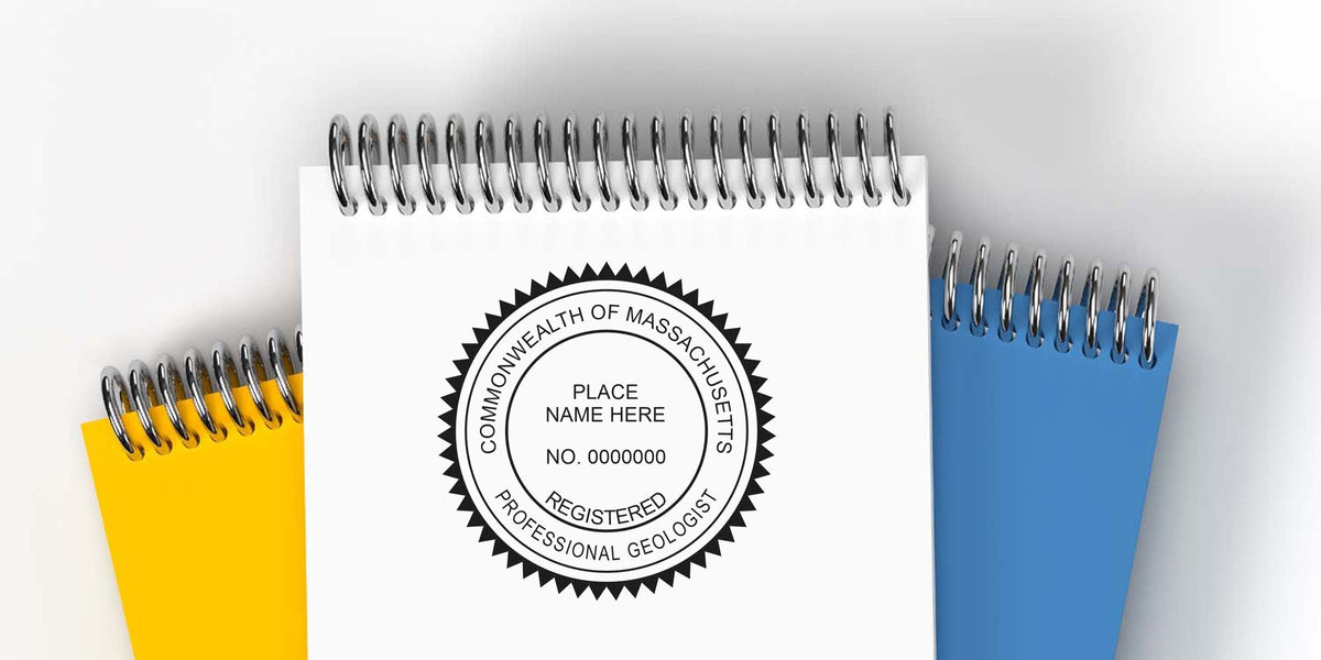 Massachusetts Geology and Geologist stamps on spiral notebooks featuring the registered professional geologist seal.