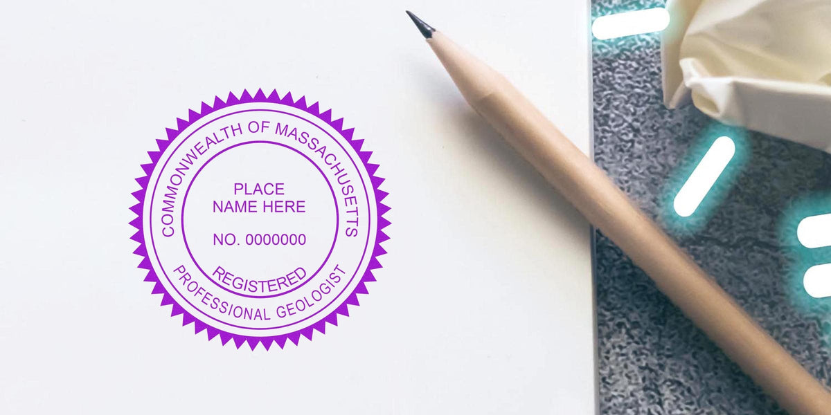 Massachusetts professional geologist stamp on white paper with pencil and crumpled paper background, showing the geologist seal and stamp guide.