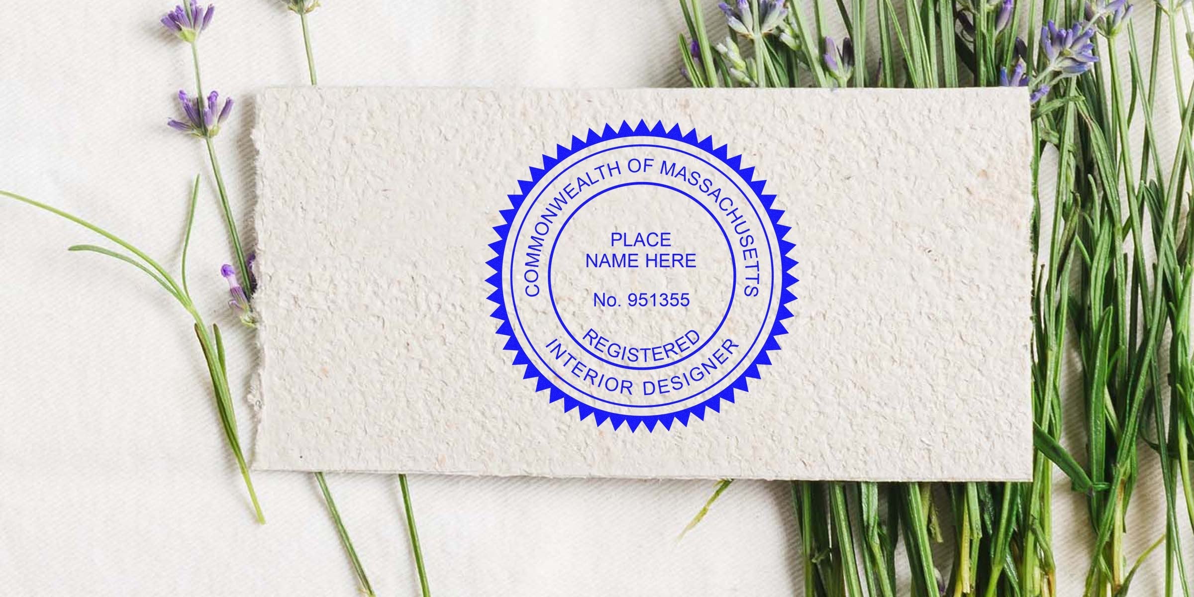 Massachusetts interior designer stamp on textured paper with lavender background, showing registered interior designer seal and online interior designer stamp Massachusetts.