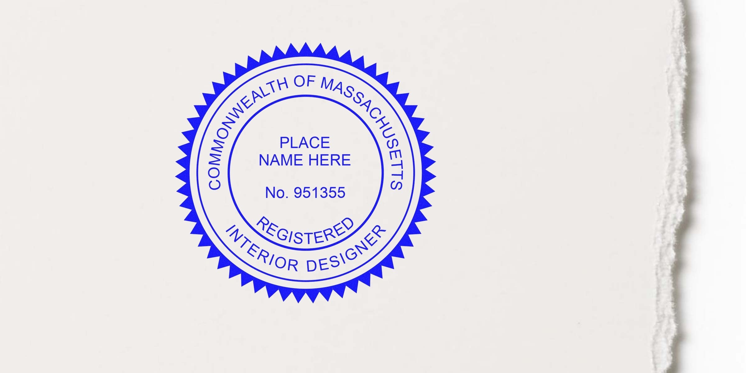 Massachusetts interior designer stamp with the Commonwealth of Massachusetts registered interior designer seal on white paper, complying with MA interior design legal requirements.