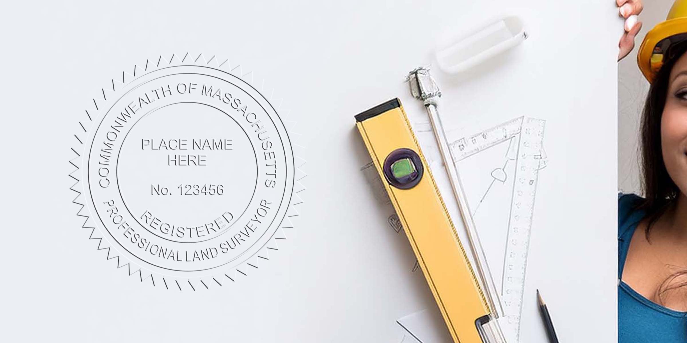 Professional land surveyor tools with the Massachusetts land surveyor stamp, featuring a female engineer in a safety helmet, highlighting land surveyor stamp requirements.
