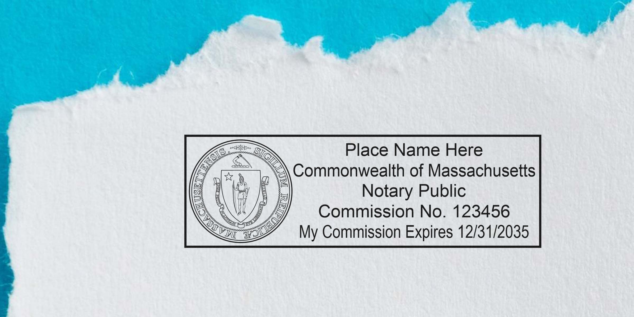 Massachusetts notary public stamp with commission number and expiration date on torn paper, highlighting MA notary seal size and dimensions.
