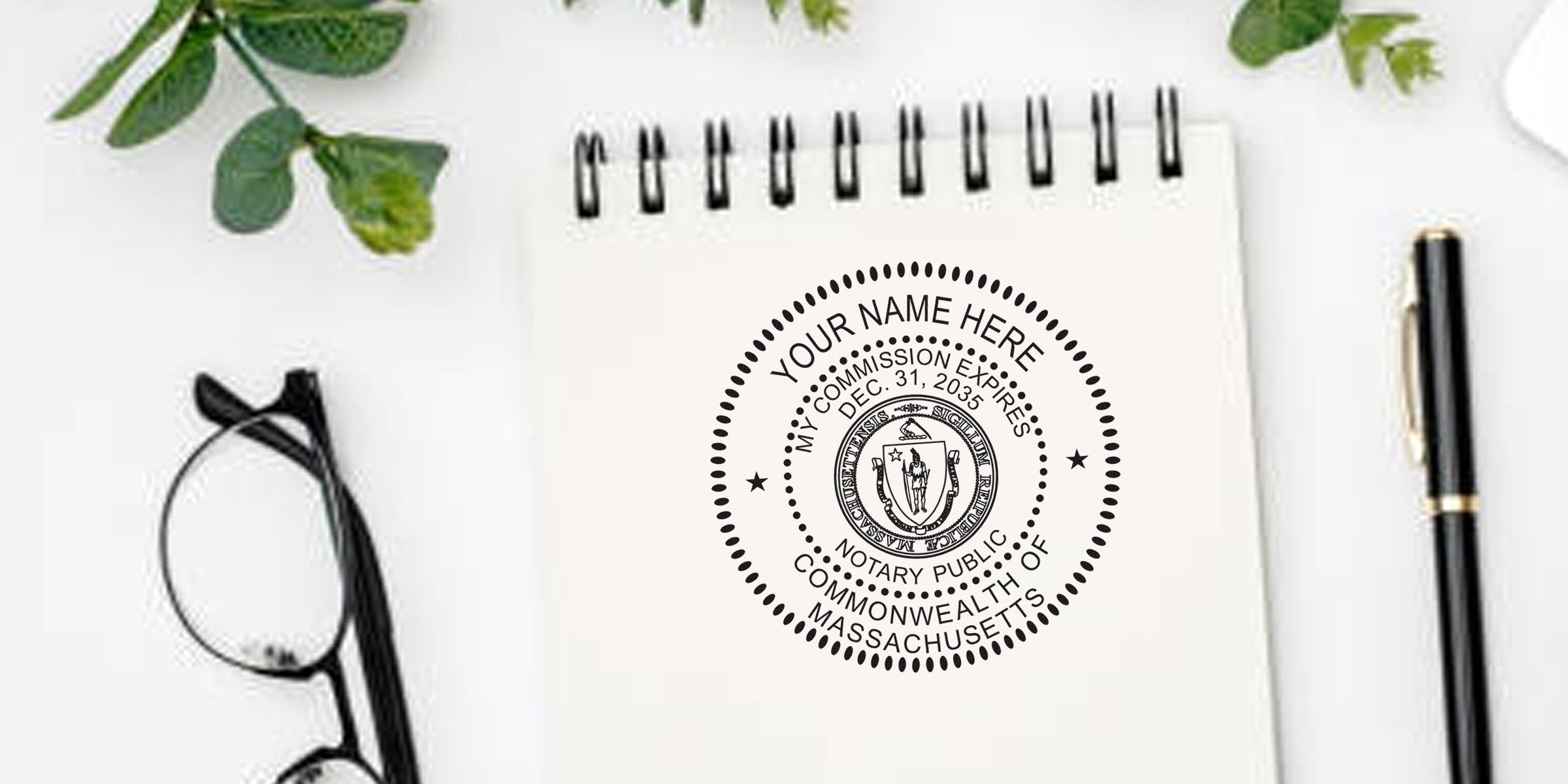 Massachusetts notary seal stamped on white notebook with black pen and glasses, showing legal document certification and compliance with notary seal rules in Massachusetts.
