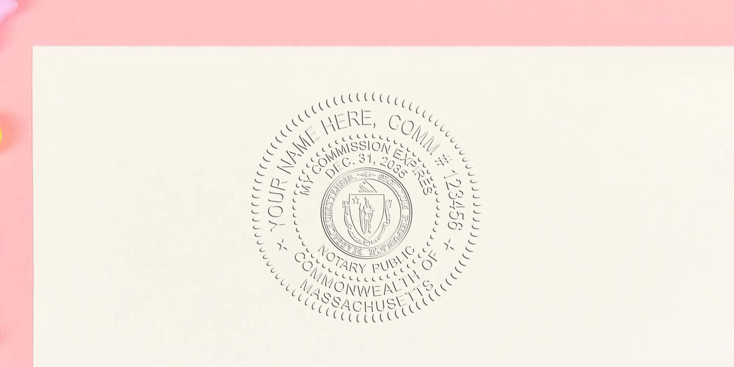 Massachusetts notary public seal embossed on white paper, showing compliance and expiration date for official notarization services.