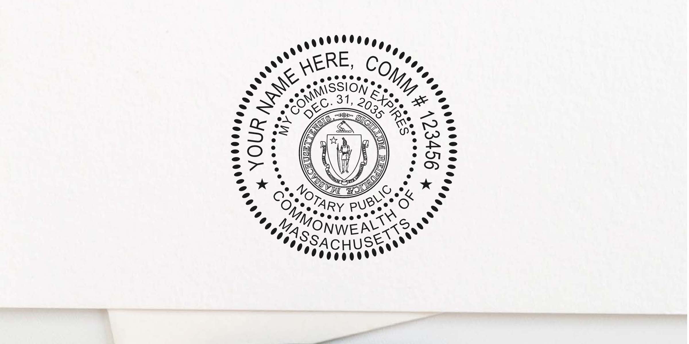 Massachusetts notary seal on white paper showing commission number and expiration date, complying with state notary requirements.