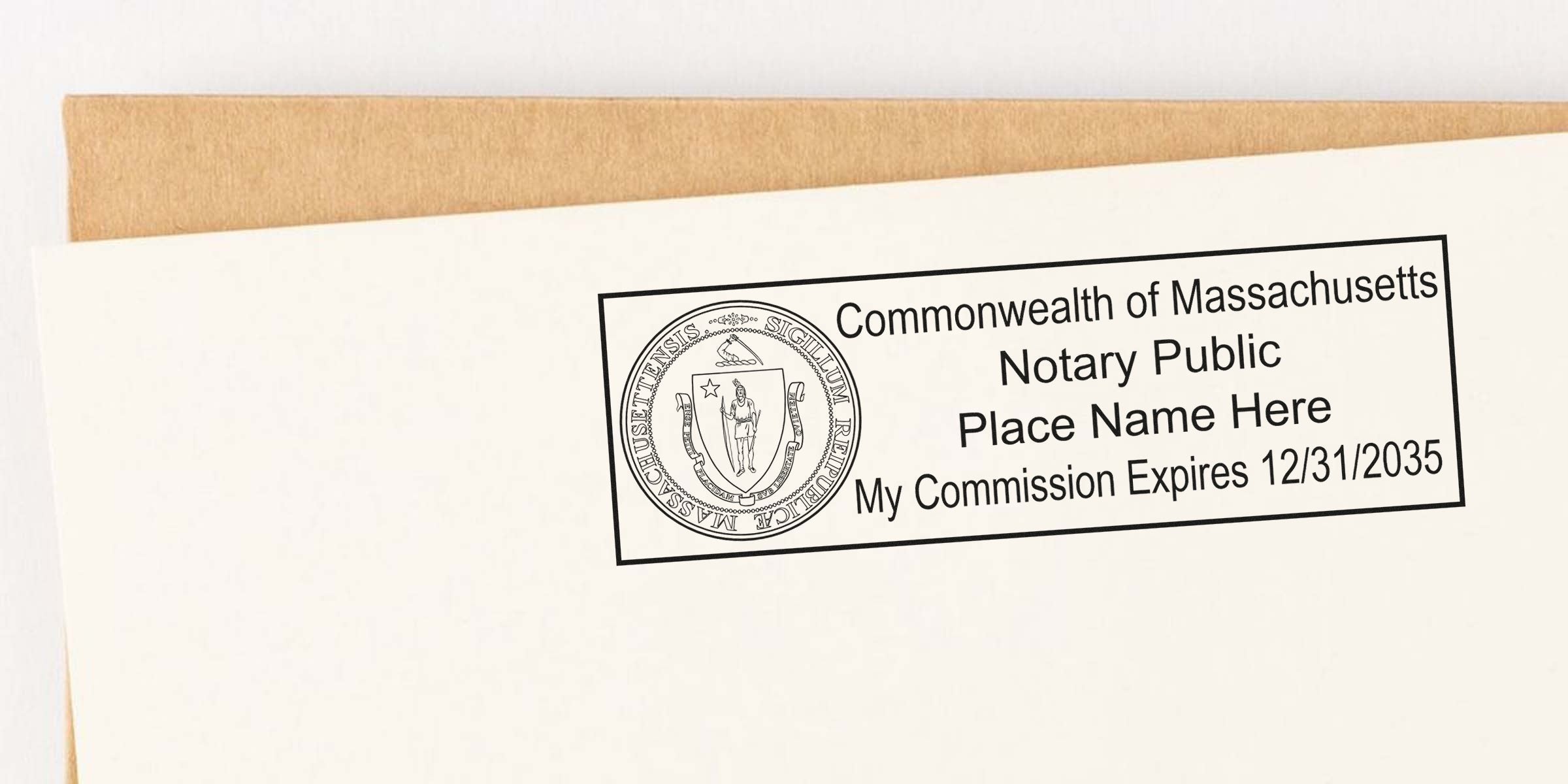 Massachusetts notary public stamp on envelope shows commission expiration date, emphasizing notary stamp renewal and compliance requirements.