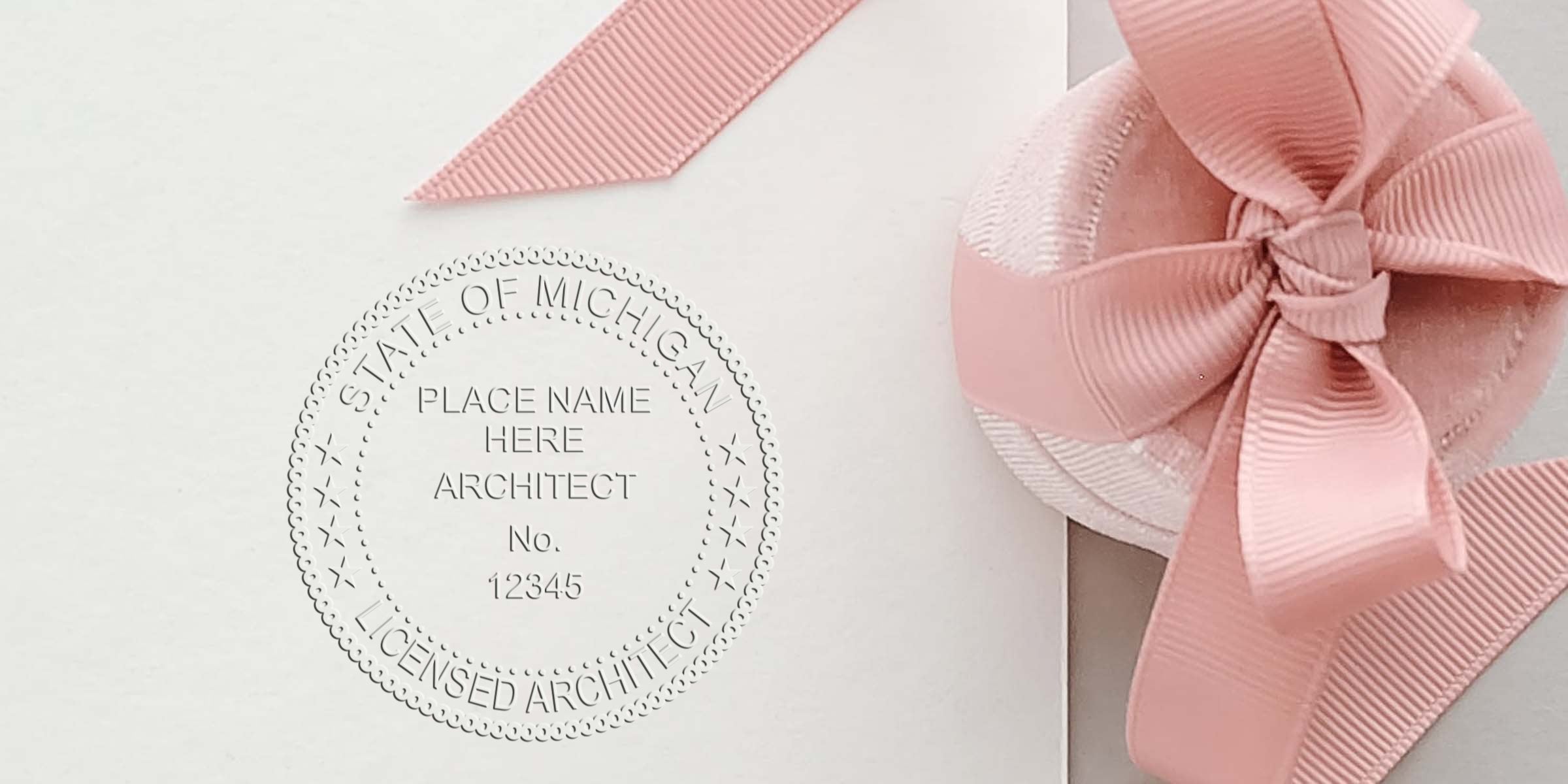 Embossed Michigan architect seal on white paper with pink ribbon, highlighting license and seal renewal tips.