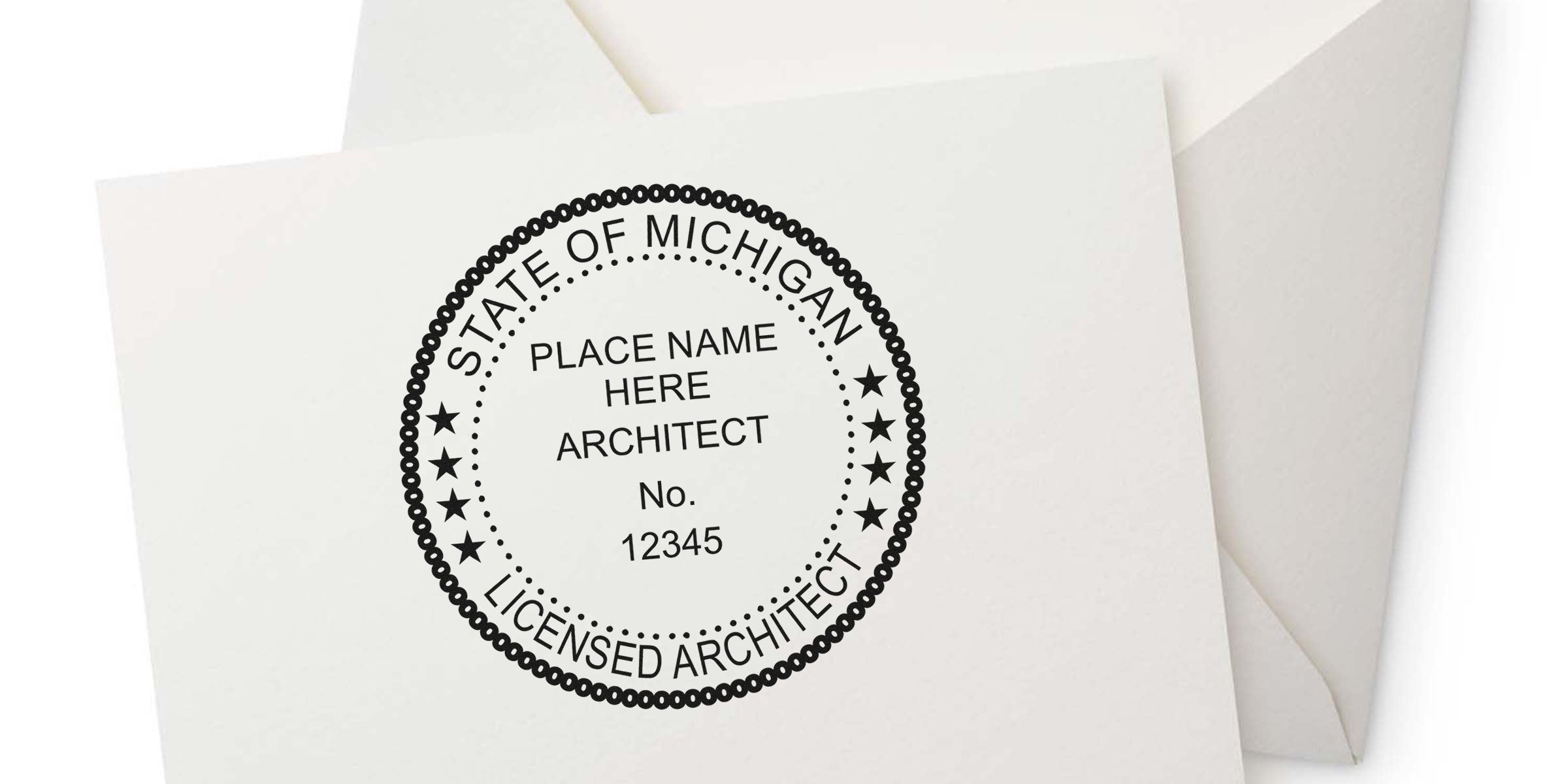 Michigan licensed architect seal on white paper with envelope background, showing Michigan architect stamps and stamp requirements.