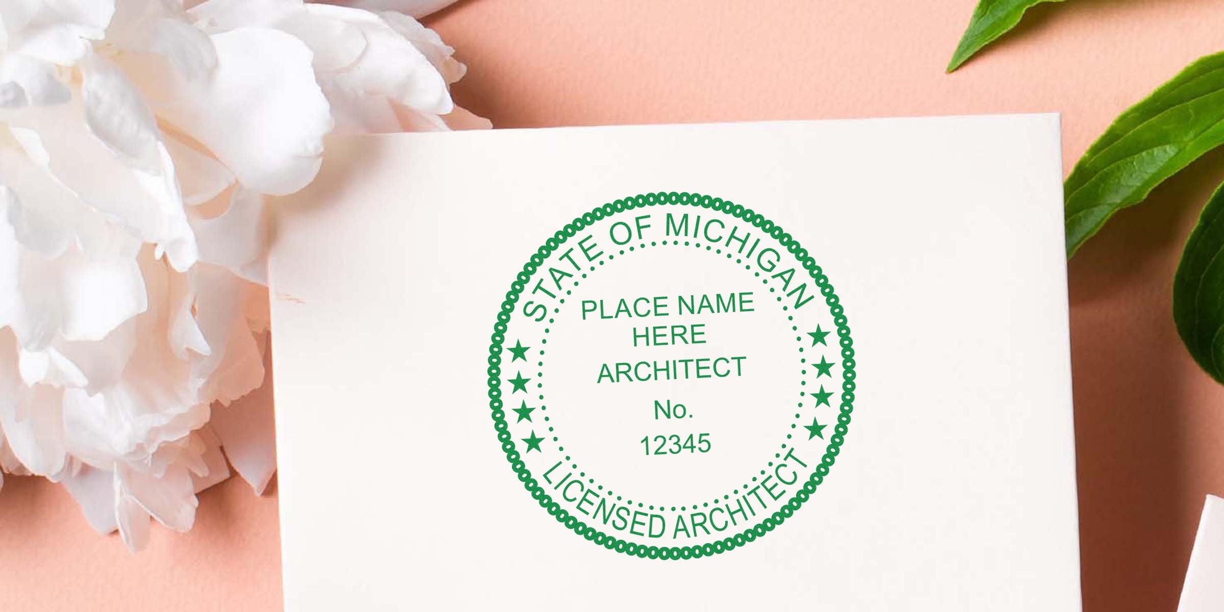 Michigan architect registration seal on white paper with floral background, compliant with architect seal standards.