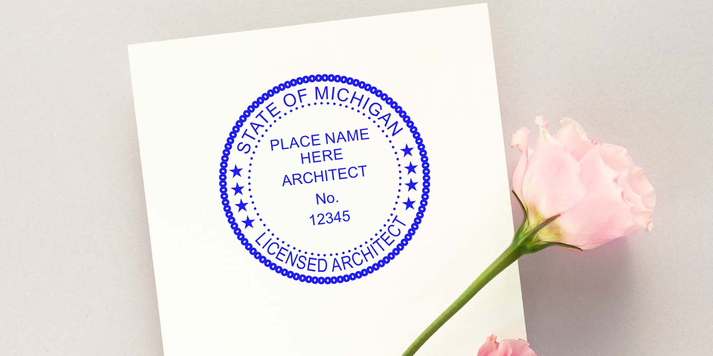 Michigan architect seal on white paper with pink rose, professional certification logo, emphasizing architect stamp cost and fee budgeting.