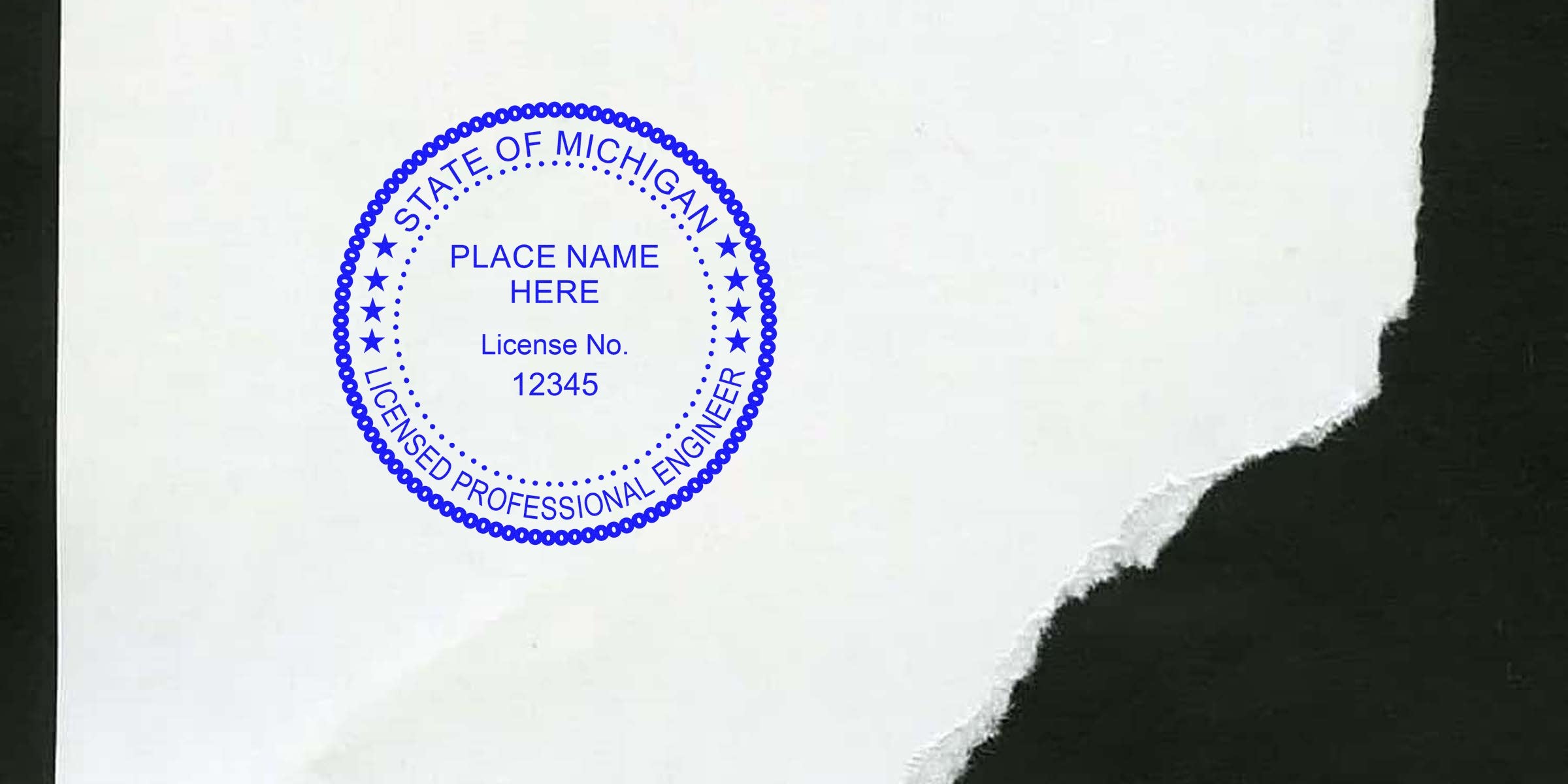 Michigan PE stamps displaying Professional Engineer certification seal and license number on torn paper background.
