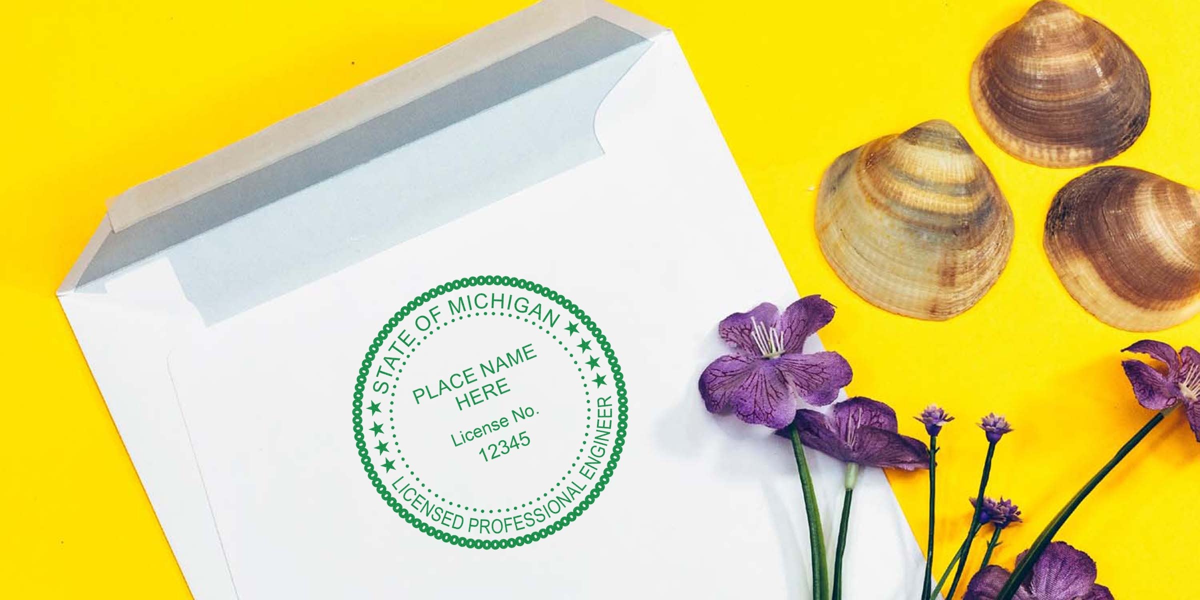 White envelope with Michigan engineer stamps and licensed engineer seal, surrounded by purple flowers and seashells on yellow, showcasing affordable Michigan engineer stamps.