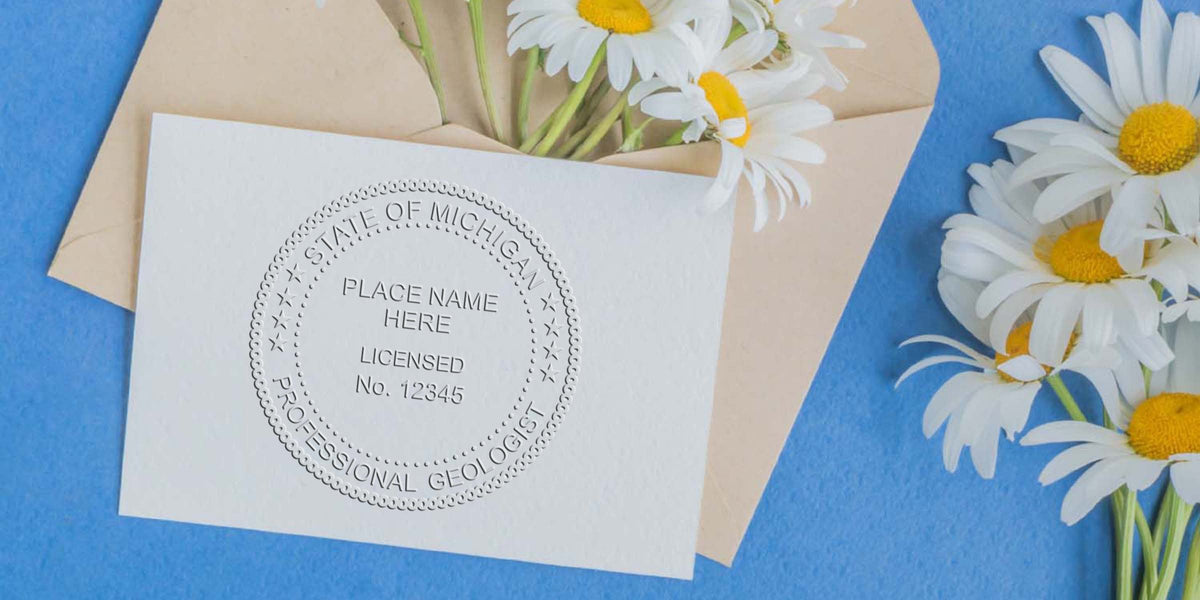 Michigan Professional Geologist Seal embossed on white paper with daisies, beige envelope on blue background, highlighting tips for securing the geologist seal.
