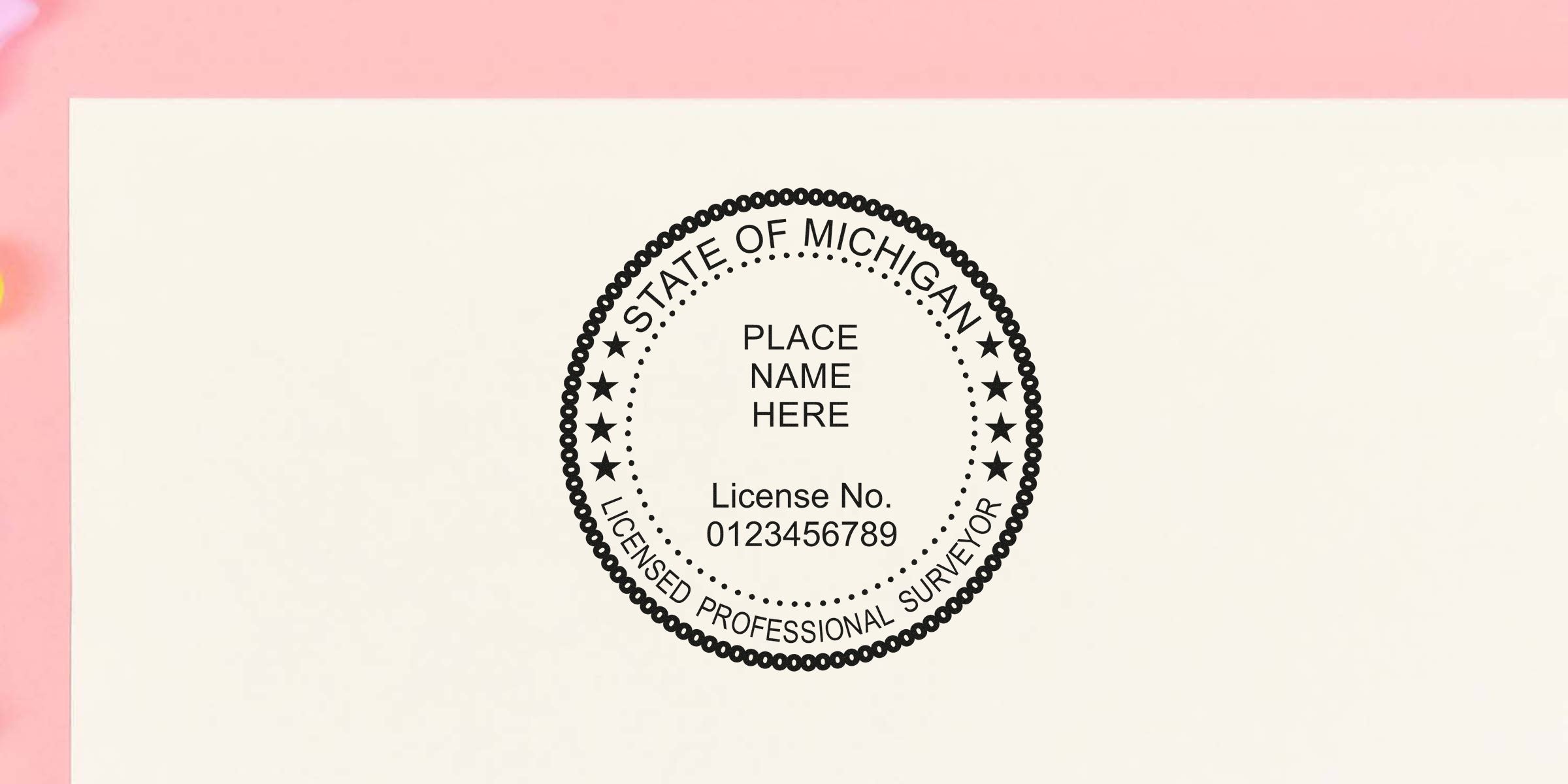 Michigan surveyor stamp with licensed professional surveyor seal and license number on white paper, part of a custom surveyor stamp guide.