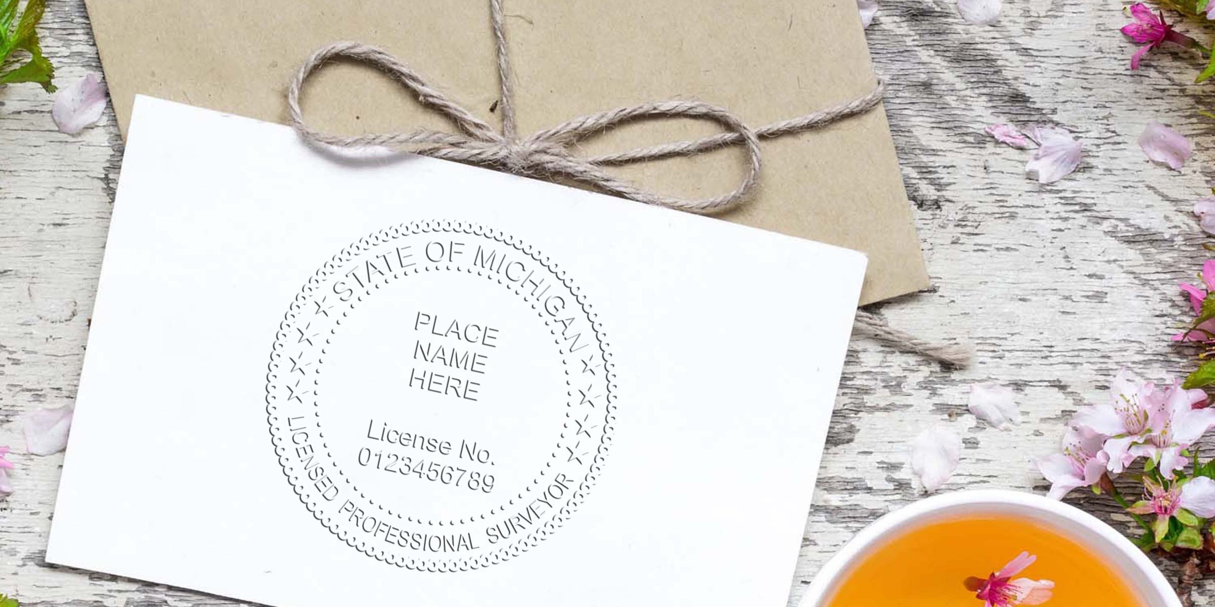 Michigan licensed surveyor seal on white paper with rustic envelope and floral tea setting, showcasing Michigan surveyor stamp for purchase.