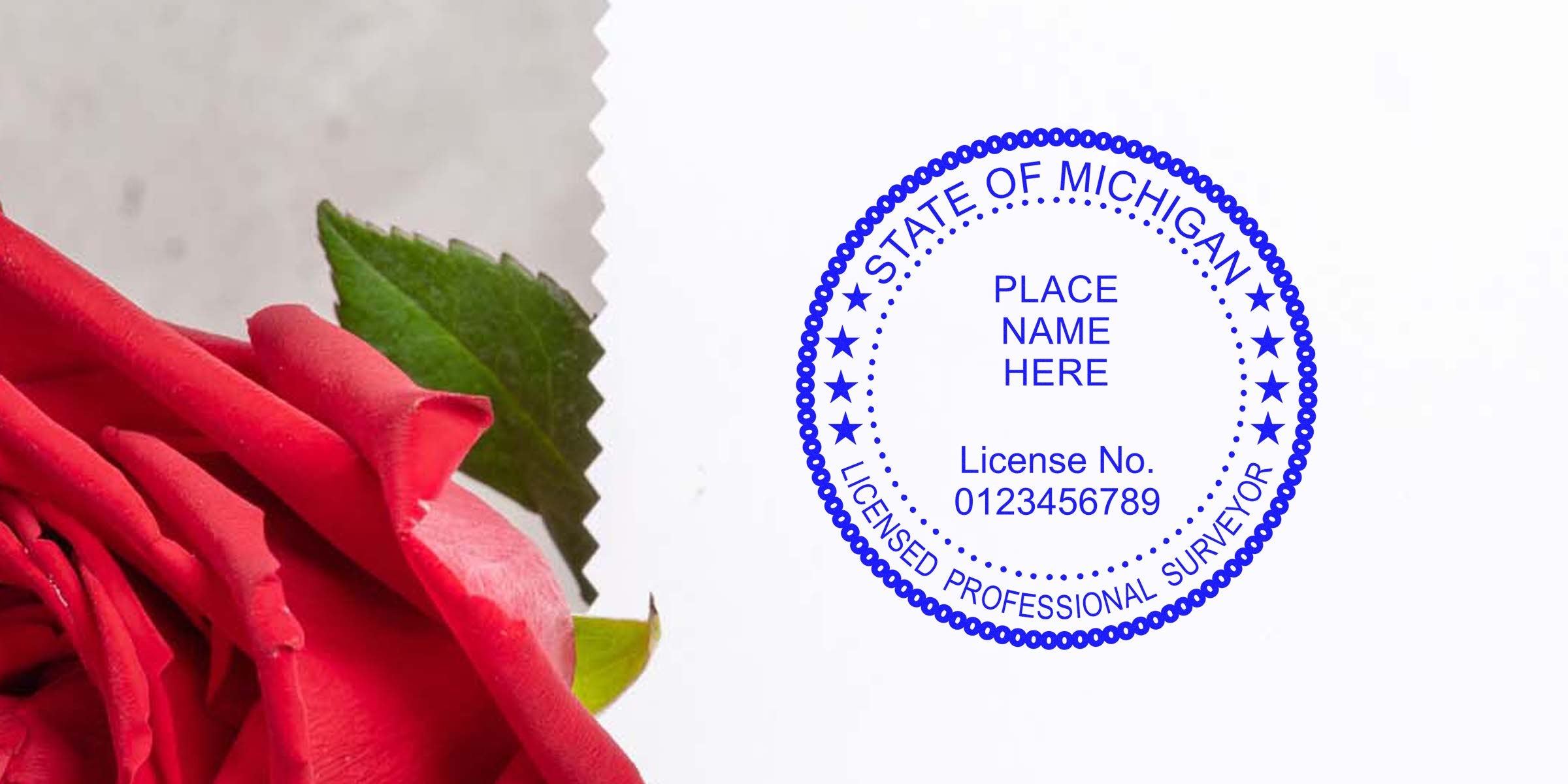 Red rose beside Michigan surveyor stamp on white paper, showing licensed professional surveyor seal and online certification info.