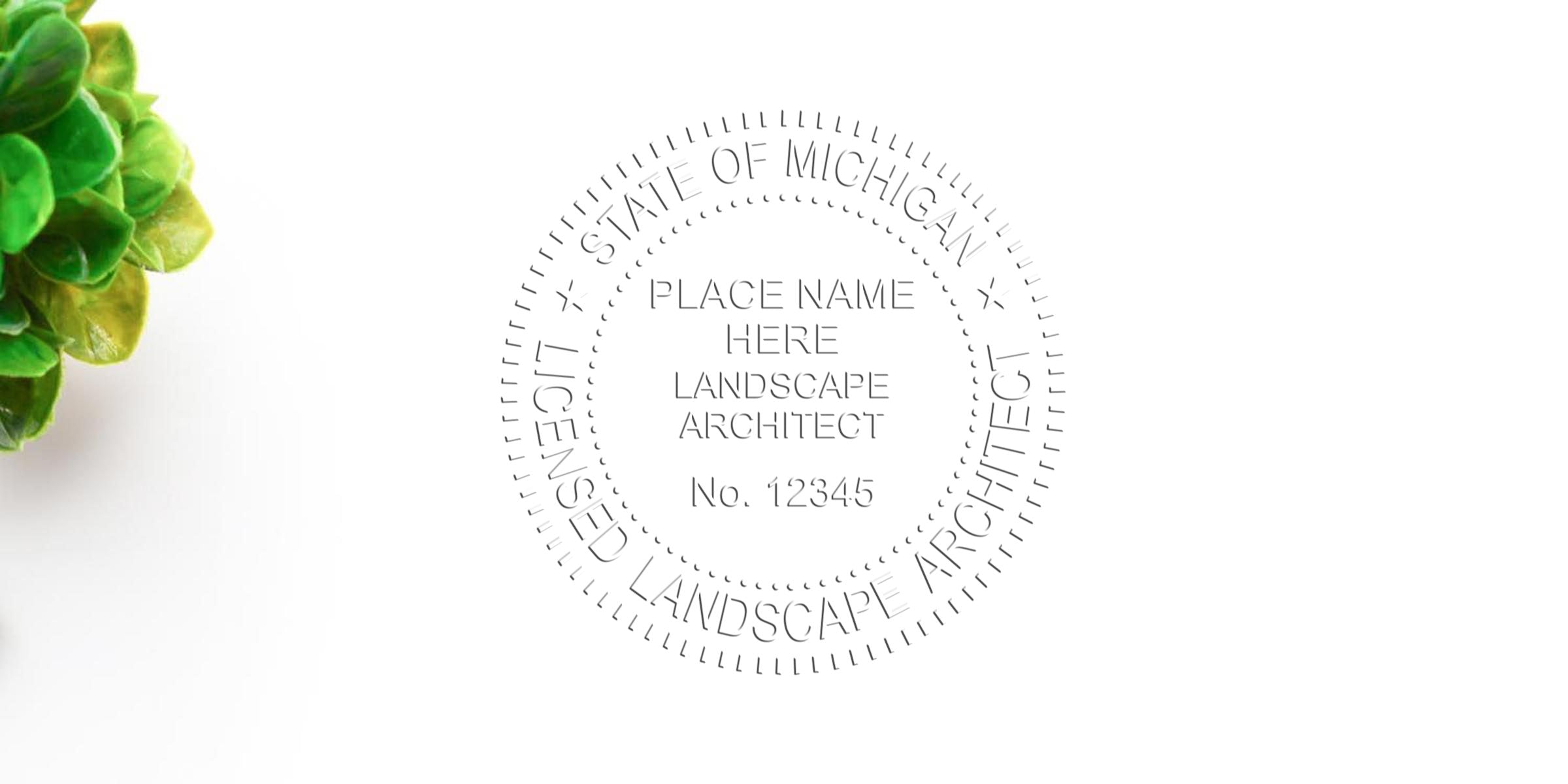 Michigan licensed landscape architect seal with a green plant on white, representing state regulations and seal requirements.