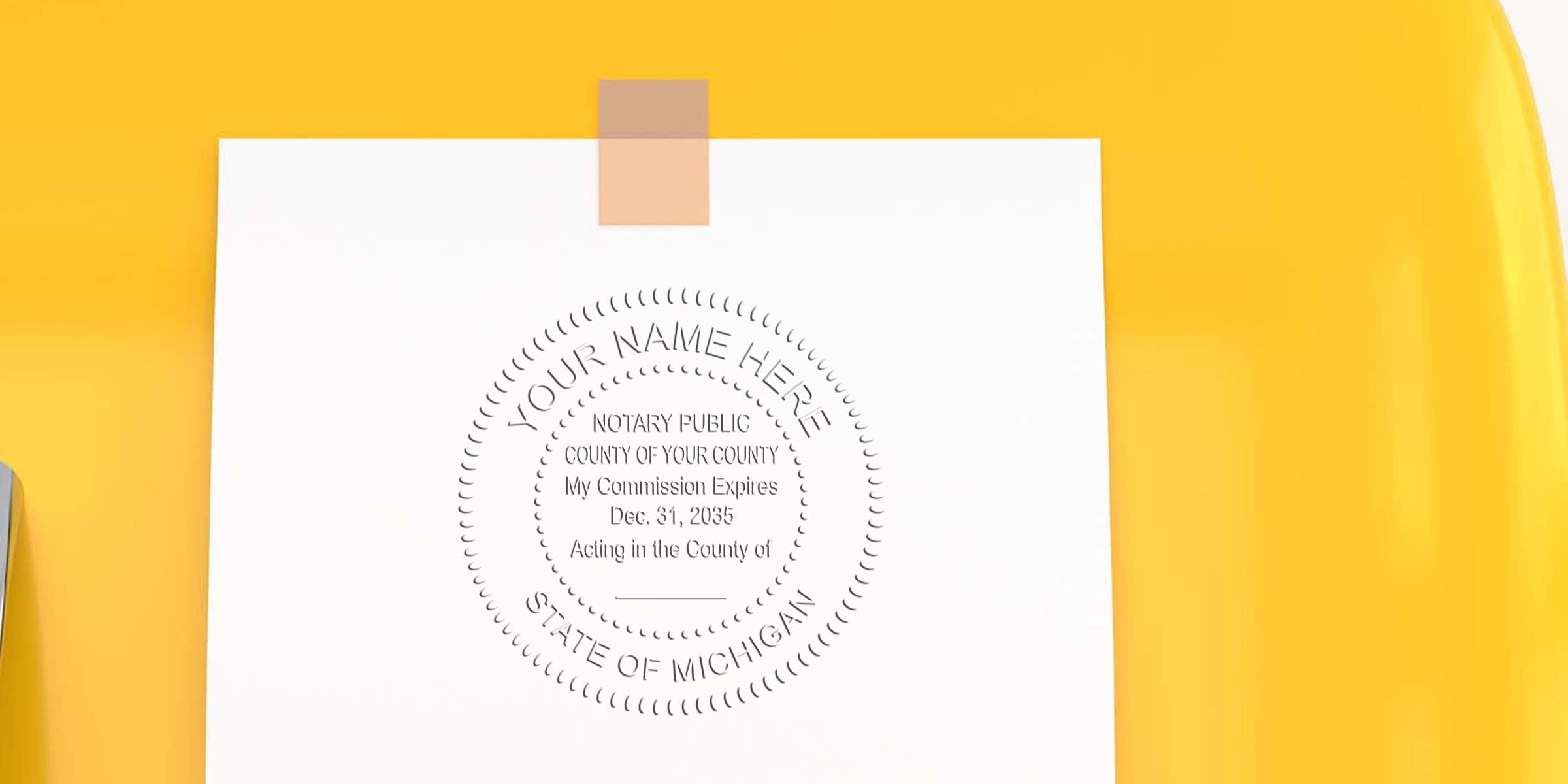 MI Notary Stamp on white paper with yellow background, official Michigan notary public seal, vital for Notary Public Essentials and legal documents.