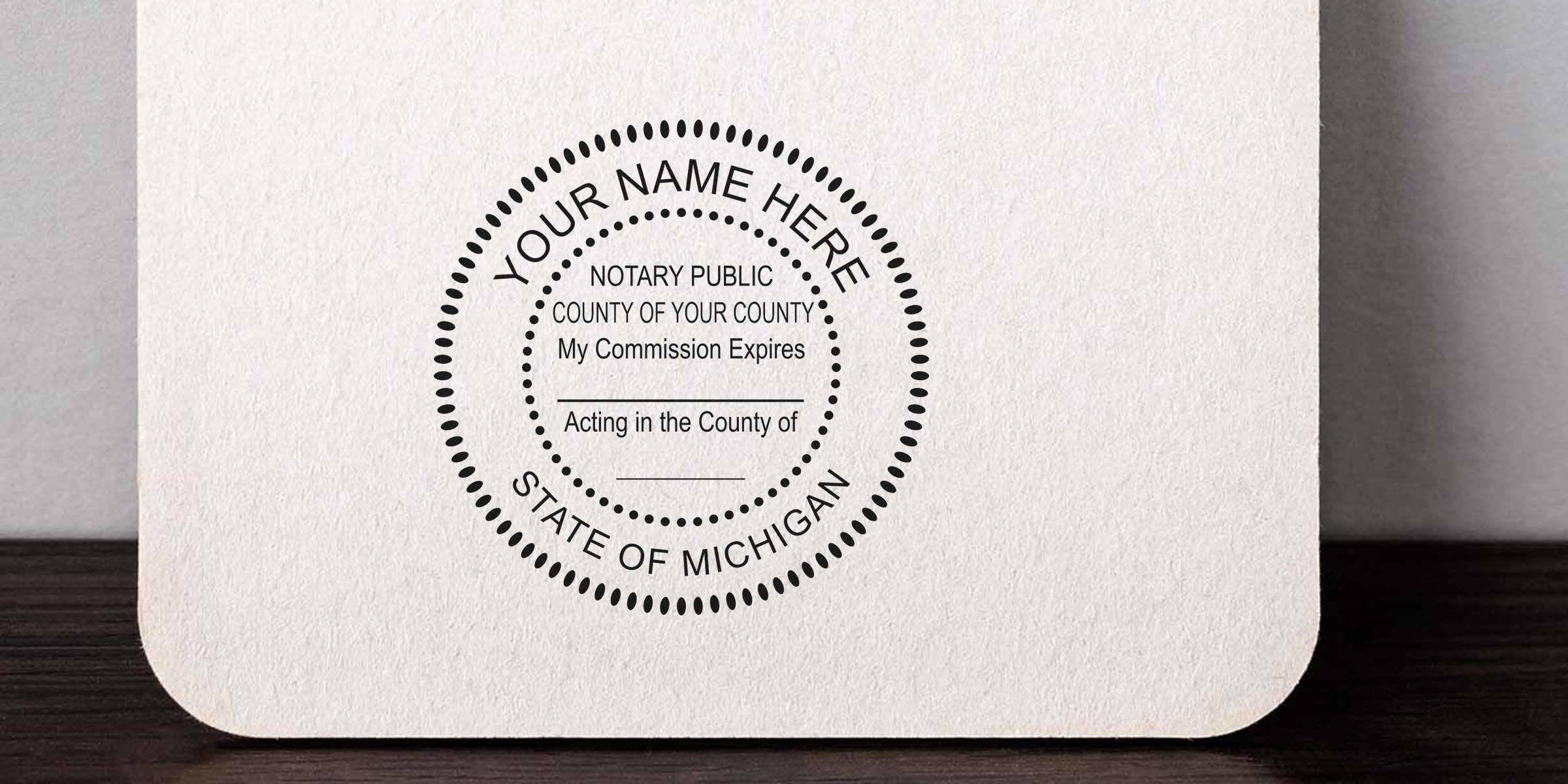 Michigan notary public stamp with customizable name, commission expiration, and Michigan notary seal on textured paper for online notary services.