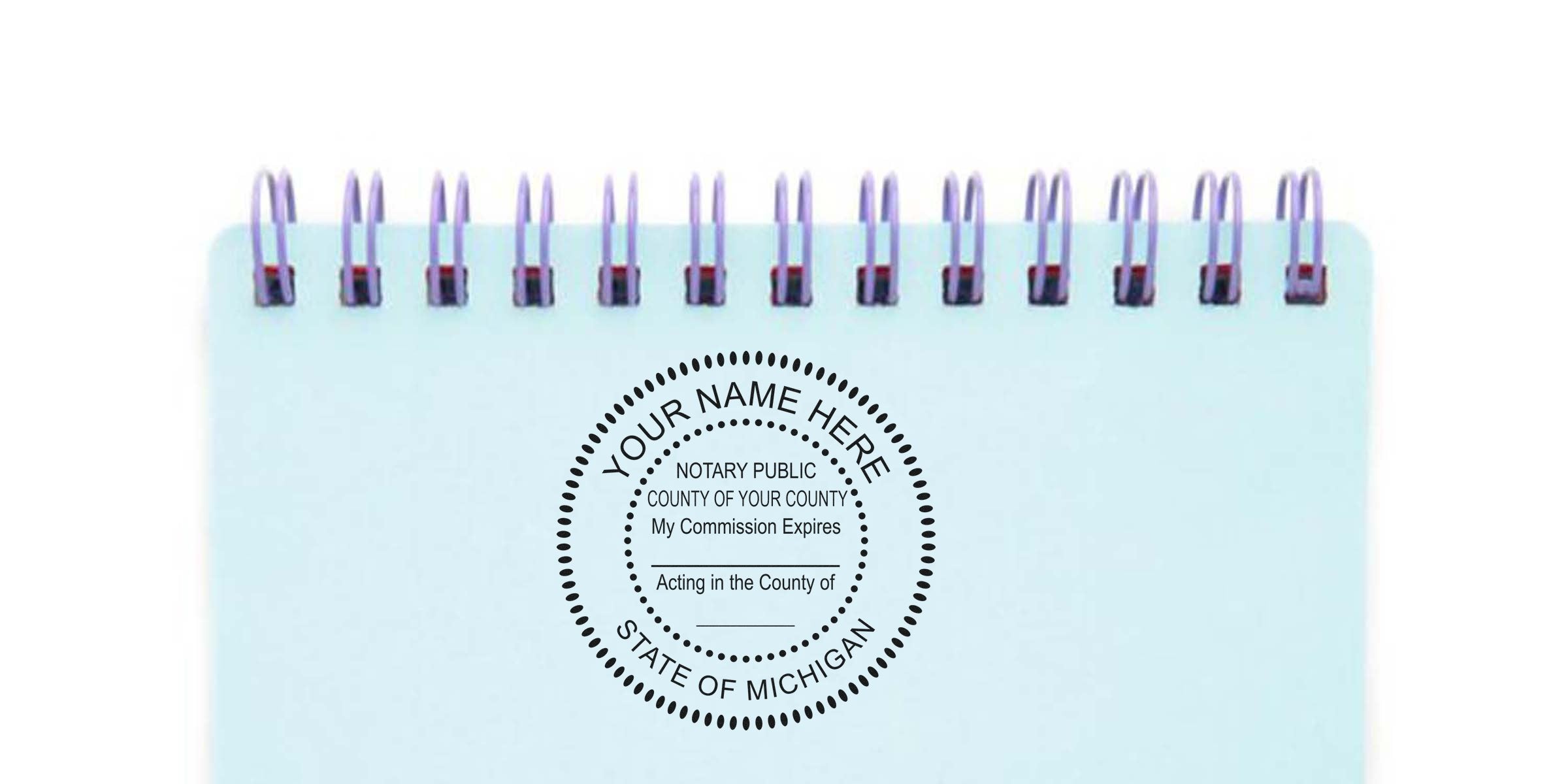 Michigan notary stamp on spiral notebook for official document authentication per notary seal guidelines.