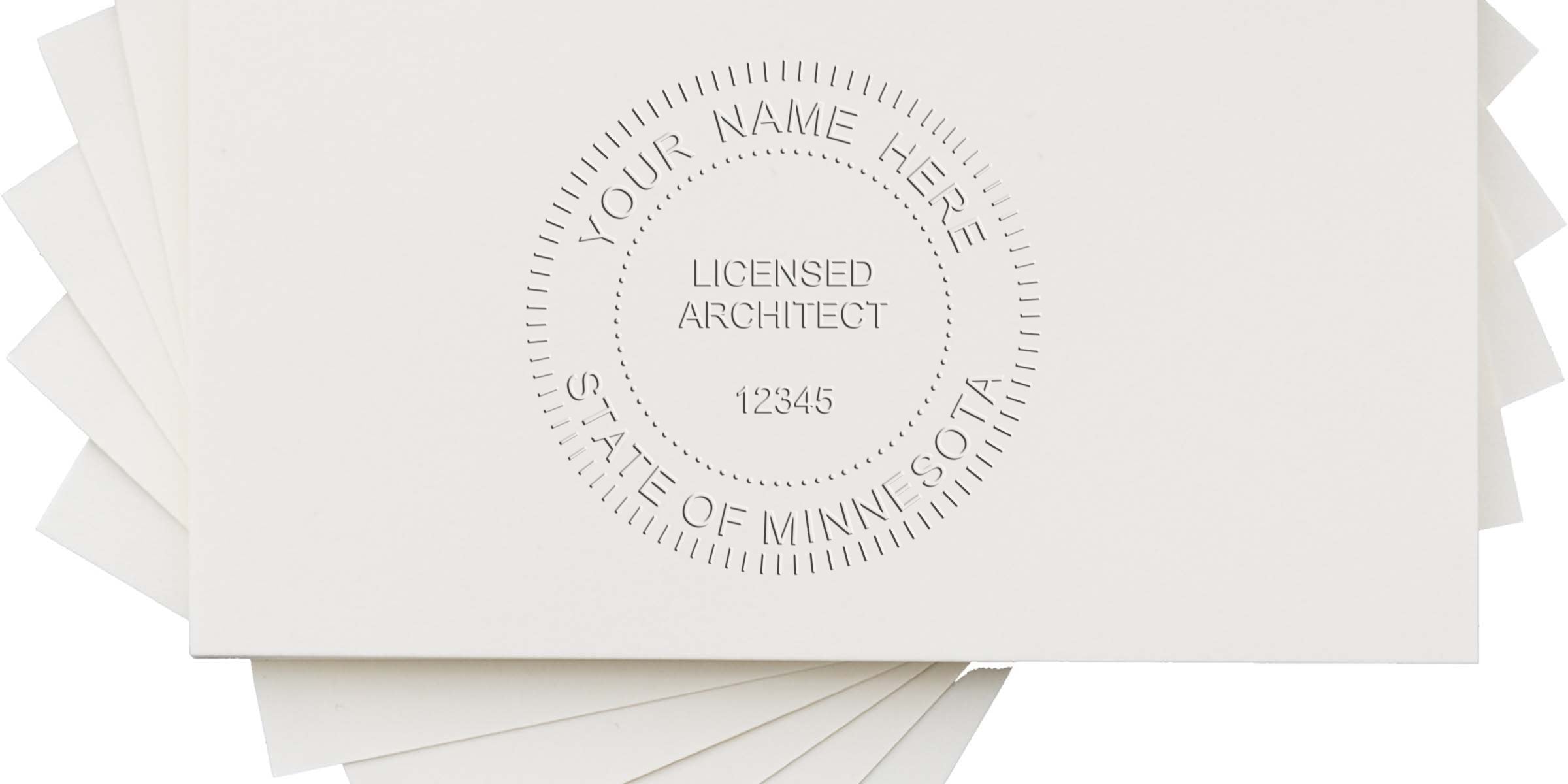 Minnesota licensed architect embossing professional seal on white paper with Minnesota architect stamp for certification.