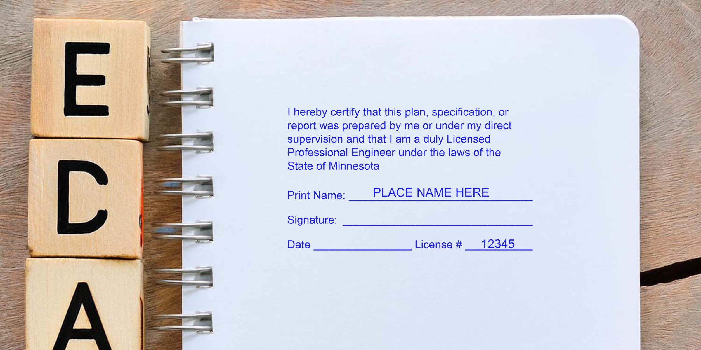 Wooden blocks spelling ECA next to a Minnesota Professional Engineer license application showing the Professional Engineer Stamp Minnesota and PE Stamp Minnesota.