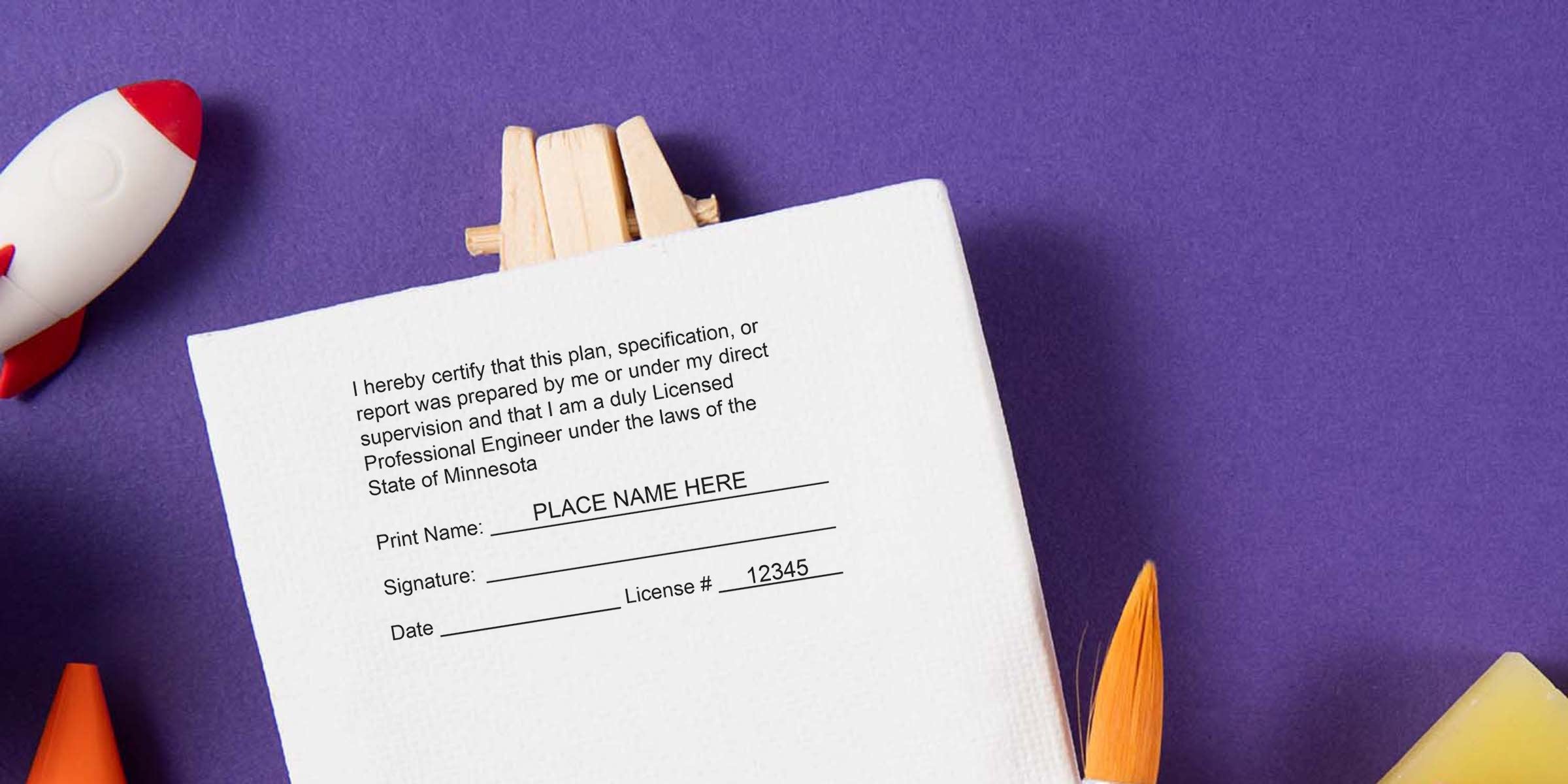 Licensed Professional Engineer form with signature, license number on purple background, rocket and paintbrush, plus Minnesota engineer seal embosser and engineer seal buying tips.