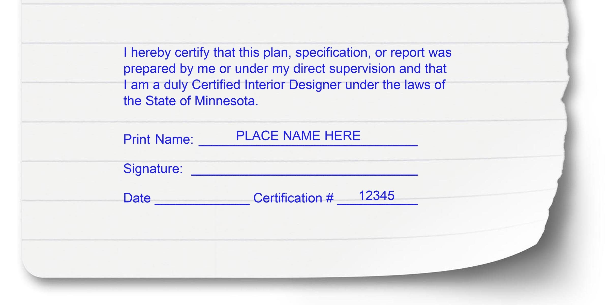 Certified Interior Designer form for Minnesota with signature, date fields, and Interior Designer Stamp Minnesota, plus Minnesota Interior Design Stamp.