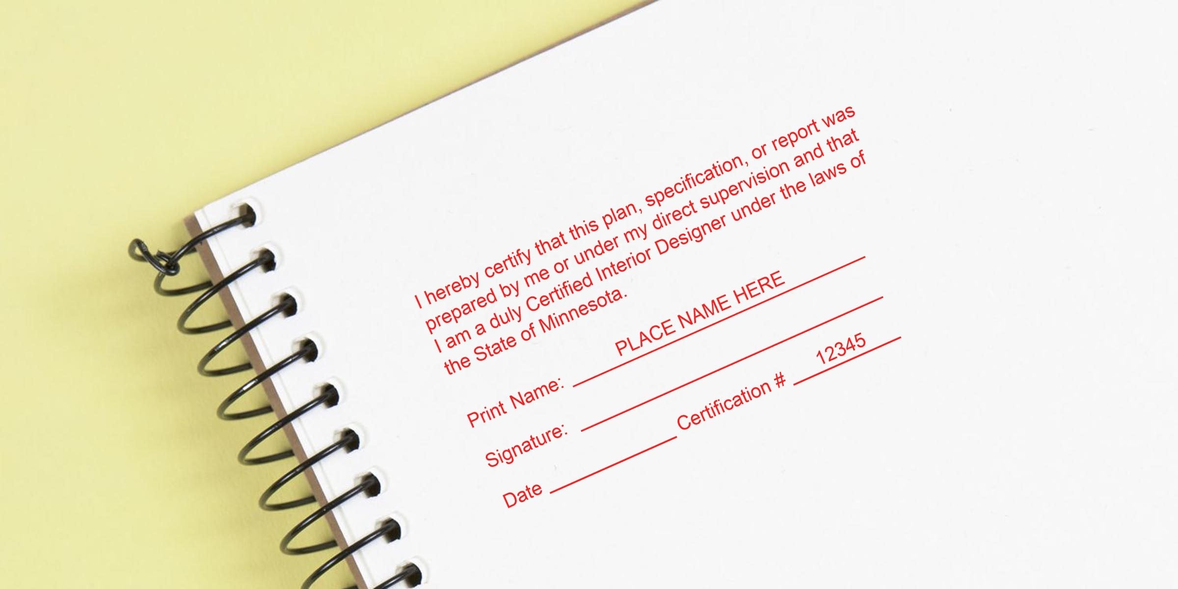 Certified Custom Interior Designer Minnesota form with Interior Design Seal on spiral notebook against yellow background.