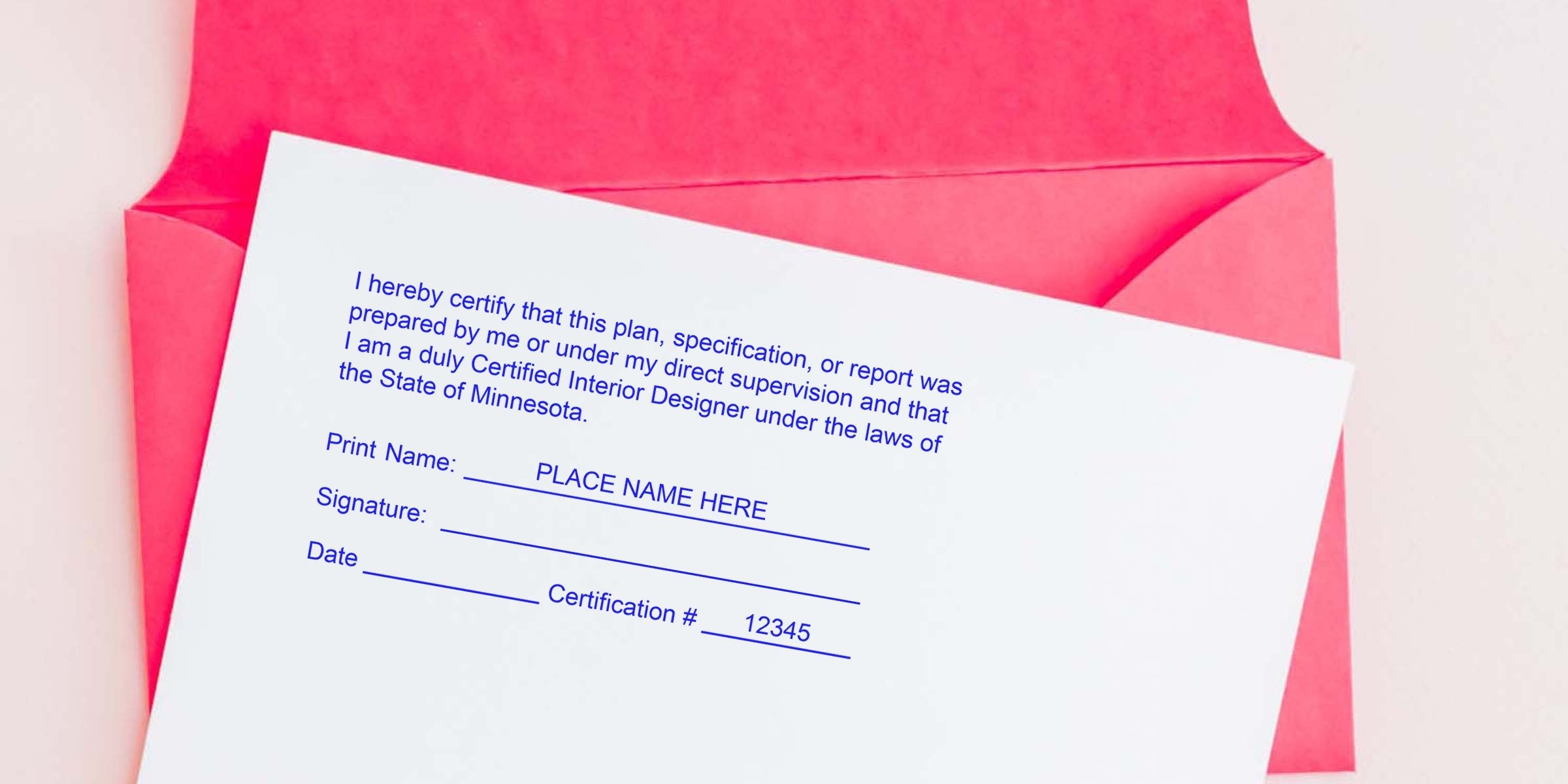 Certified interior designer form with signature and date fields in a pink envelope, showcasing interior design benefits.