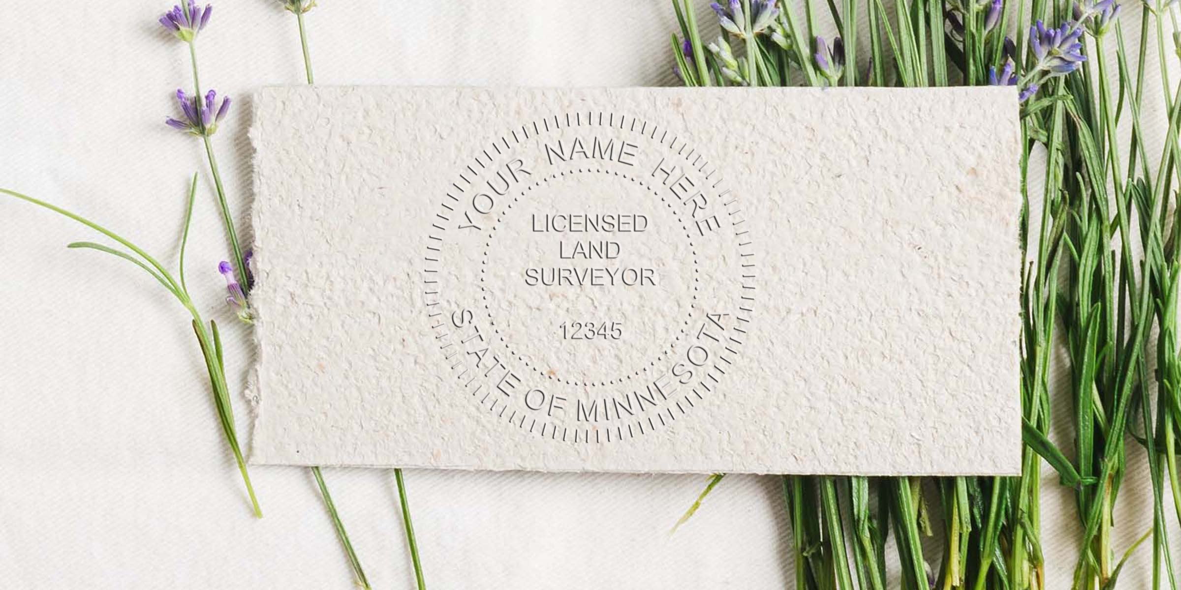 Licensed Minnesota land surveyor business card with lavender flowers on textured paper, designed to meet Minnesota land surveyor stamp size and regulations.