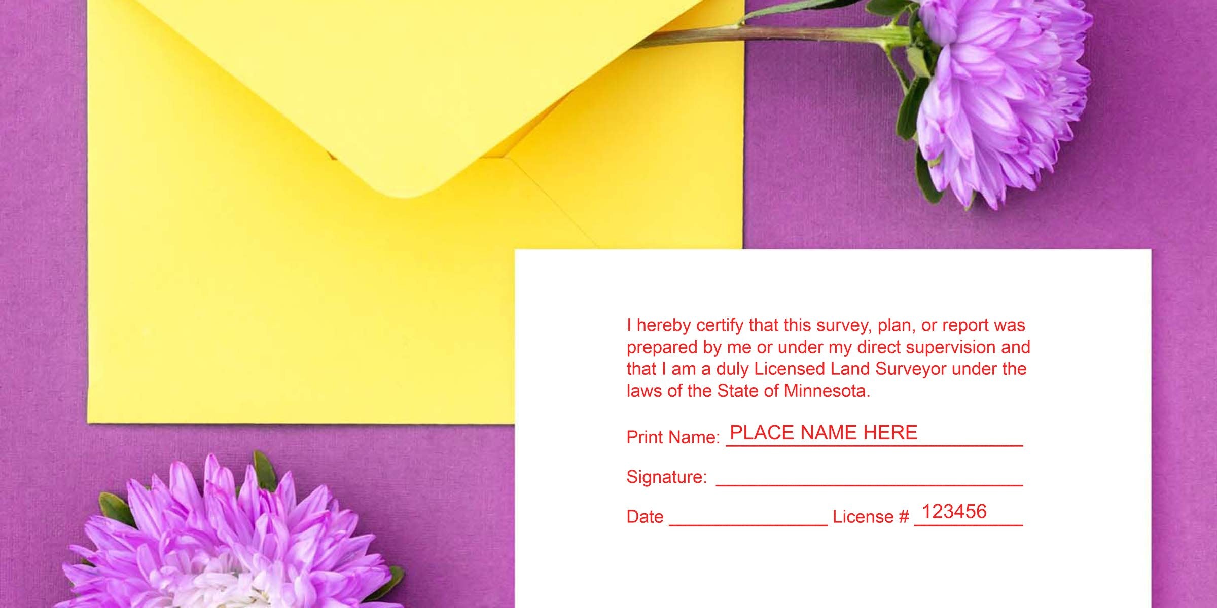Yellow envelope and purple flowers beside a licensed land surveyor form with Minnesota stamps on a purple background, highlighting Minnesota land surveying regulations.