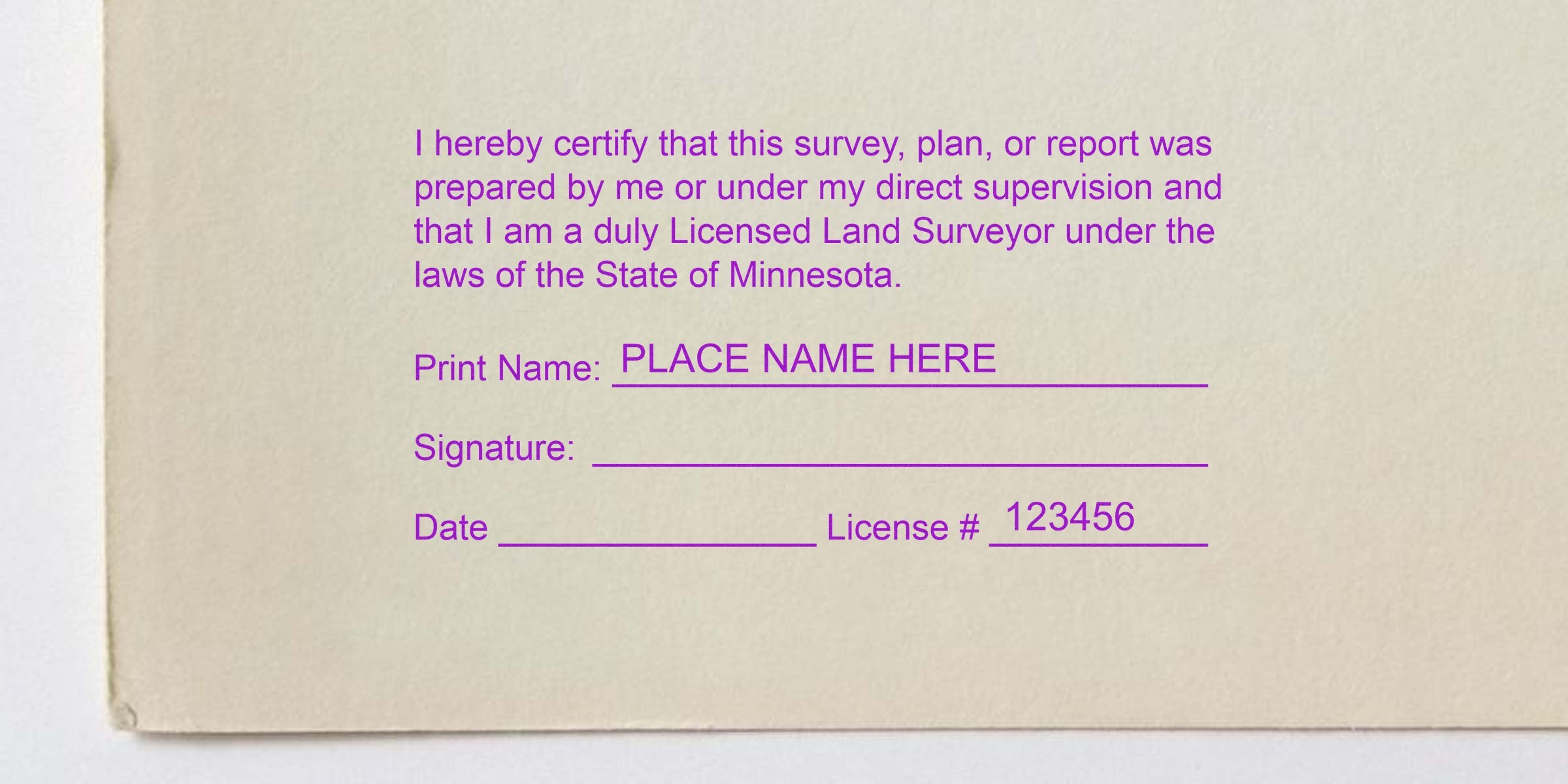 Licensed Land Surveyor certification form for Minnesota license verification, including details on purchasing Minnesota land survey stamps.